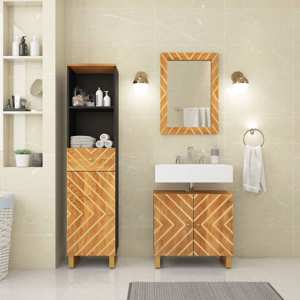 vidaXL 3 Piece Bathroom Cabinet Set Brown and Black Solid Wood Mango