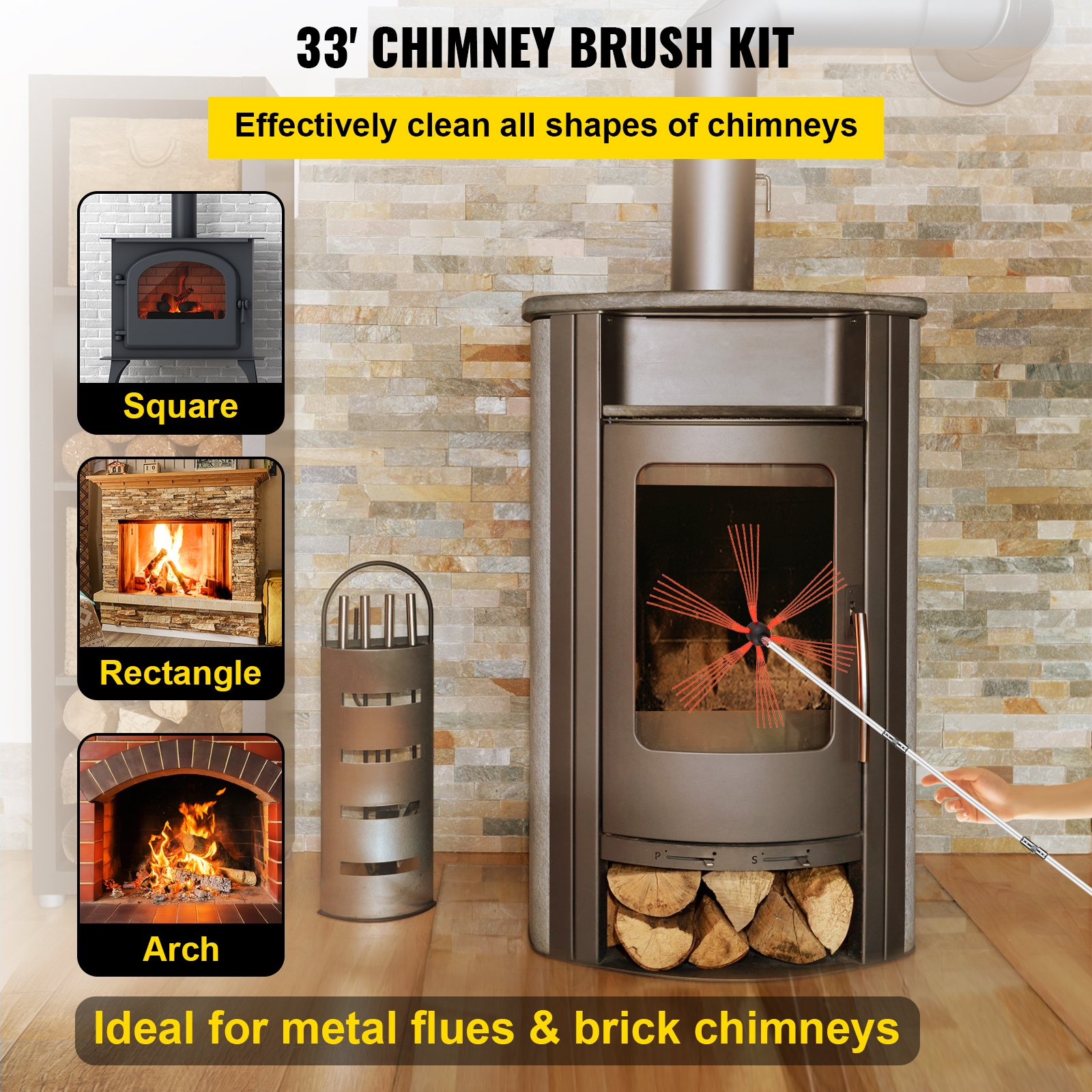 VEVOR Chimney Sweep Kit 33FT Length, Chimney Cleaning Tool Kits | eBay