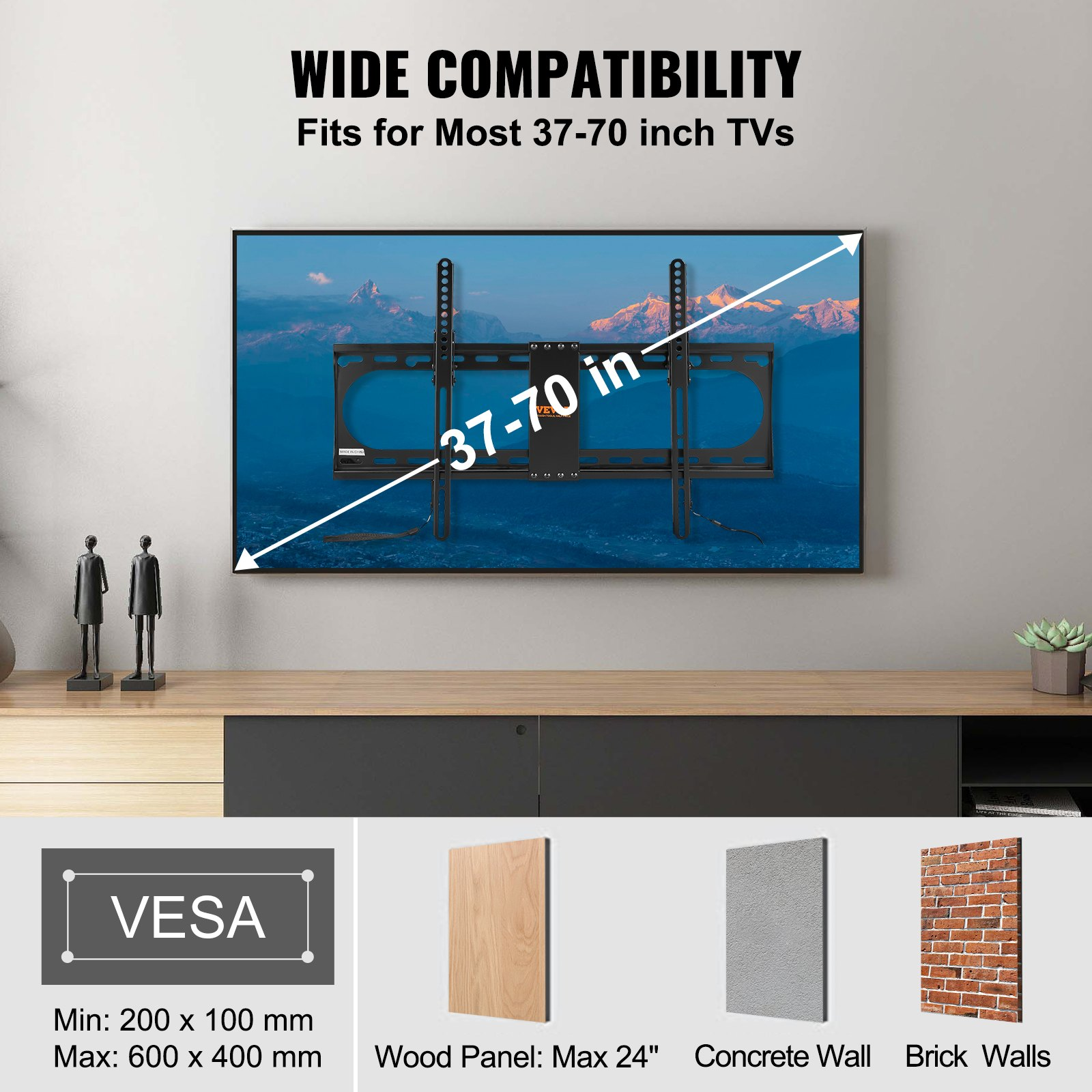 VEVOR Universal TV Wall Mount - Low Profile, Tilt Wall Mount Brackets for 37-70