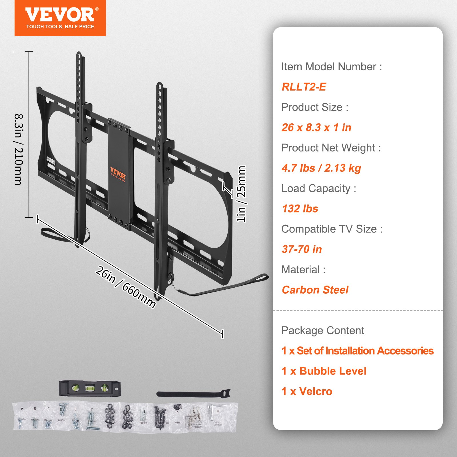 VEVOR Universal TV Wall Mount - Low Profile, Tilt Wall Mount Brackets for 37-70