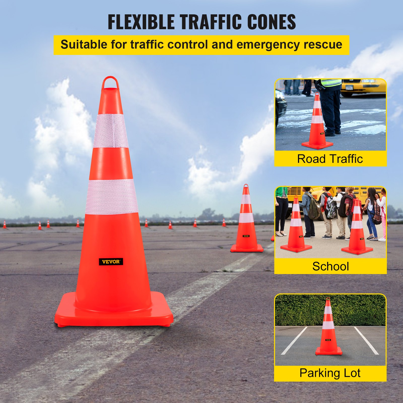 Safety Cones, 12 x 28" Traffic Cones, PVC Orange Construction Cones, 2 Reflectiv