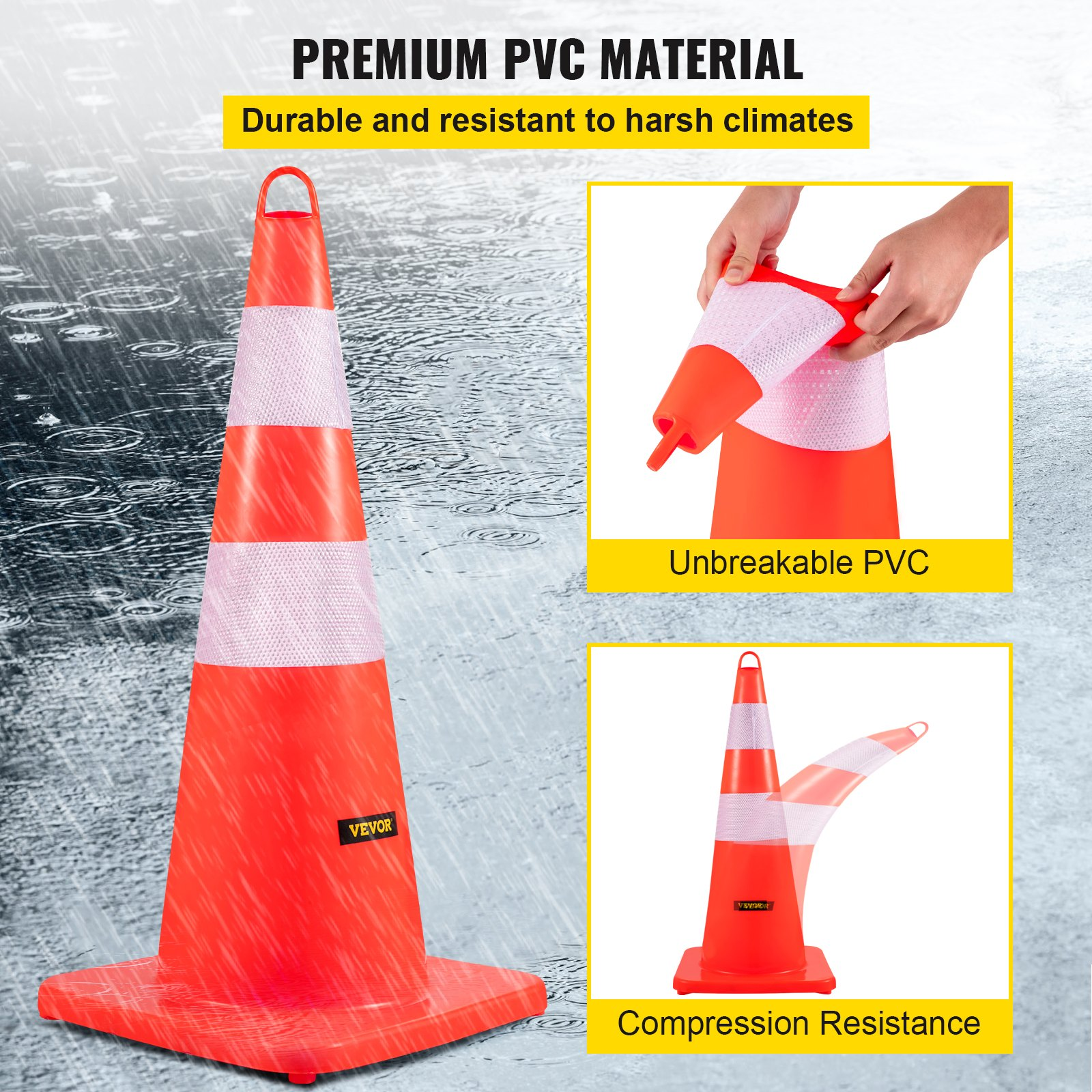 Safety Cones, 12 x 28" Traffic Cones, PVC Orange Construction Cones, 2 Reflectiv