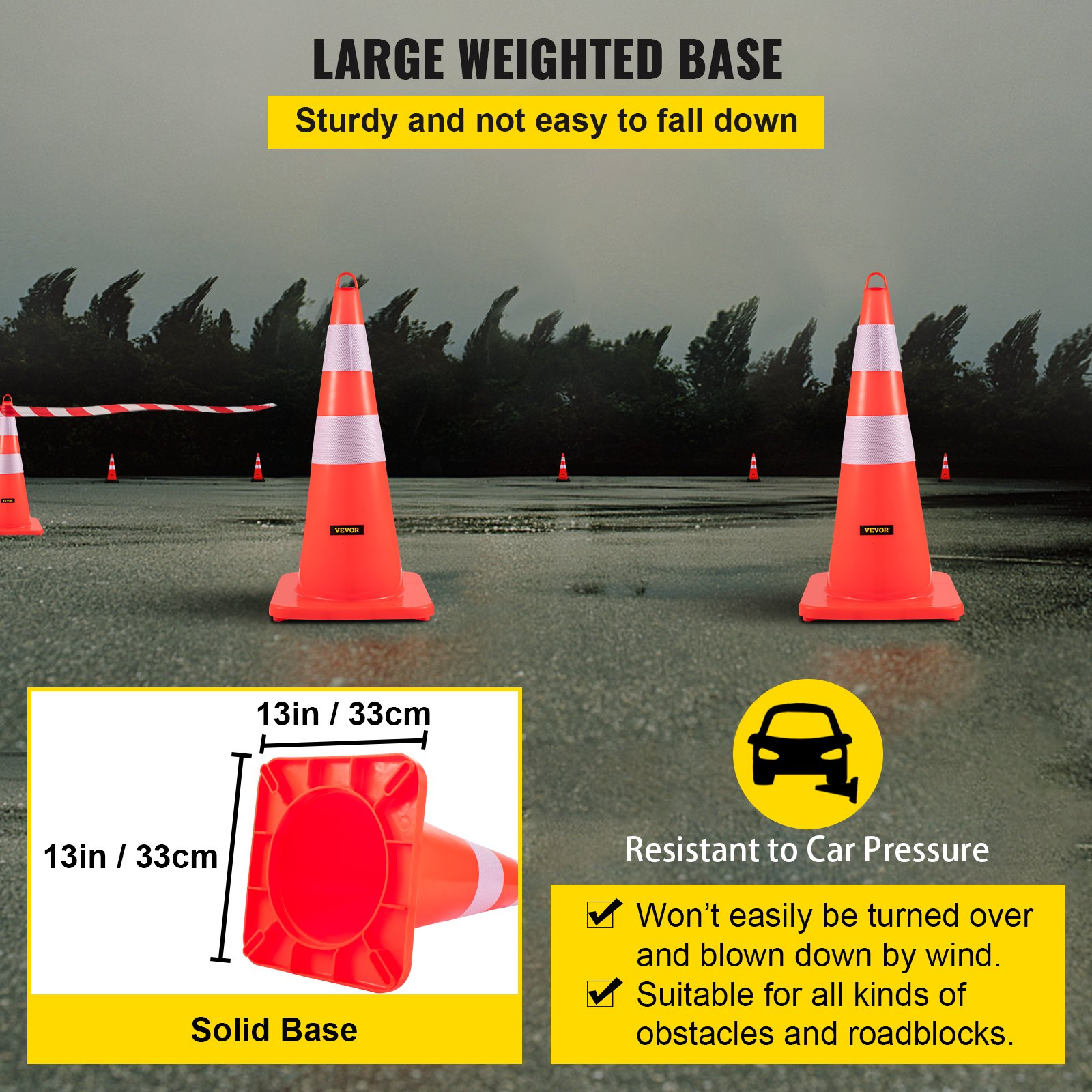 Safety Cones, 12 x 28" Traffic Cones, PVC Orange Construction Cones, 2 Reflectiv