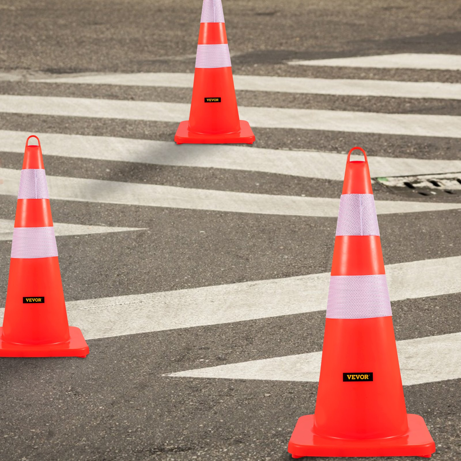 Safety Cones, 12 x 28" Traffic Cones, PVC Orange Construction Cones, 2 Reflectiv