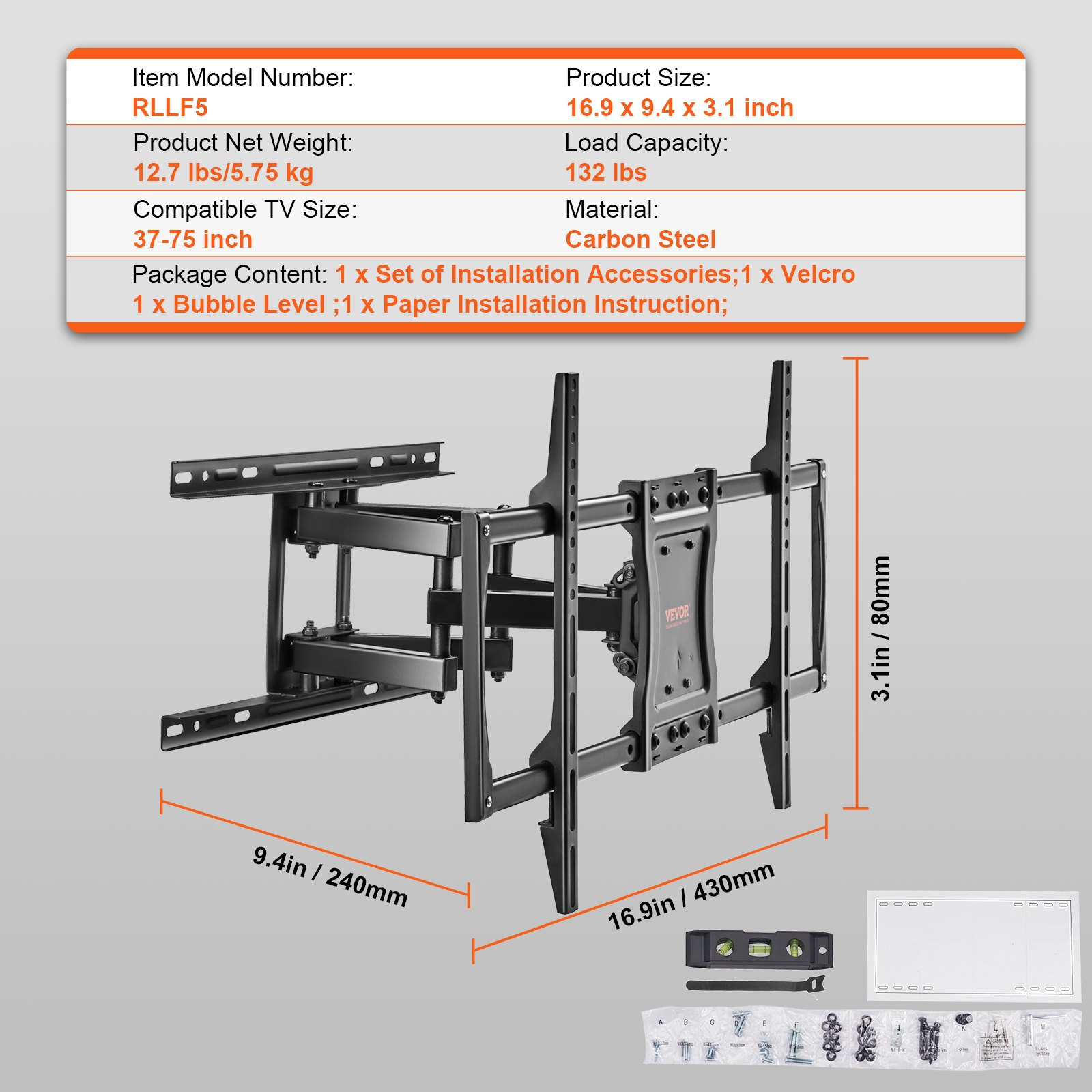 Full Motion TV Mount Fits for Most 37-75 inch TVs, Swivel Tilt Horizontal Adjust