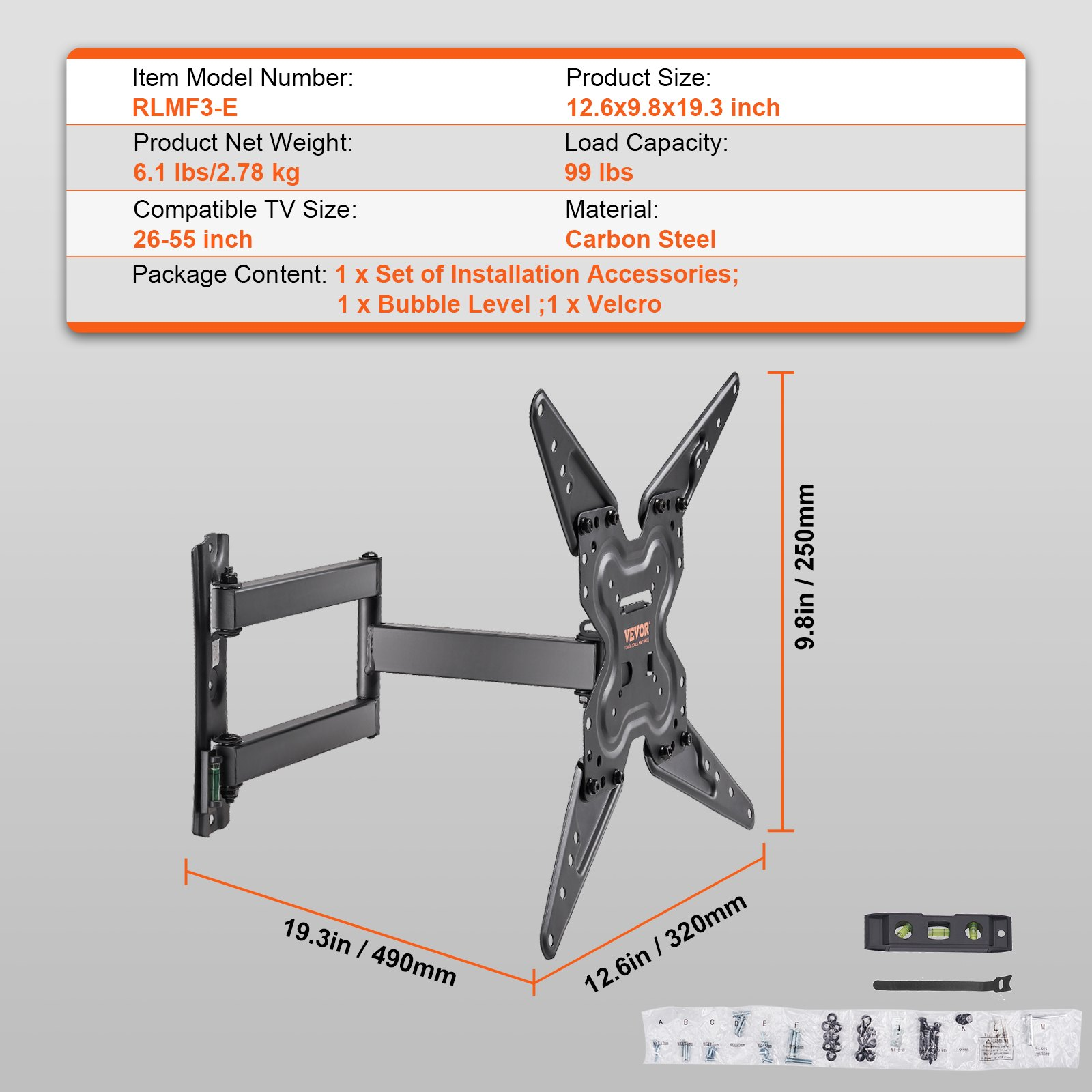 VEVOR Full Motion TV Mount Fits for Most 26-55 inch TVs, Holds up to 99 lbs