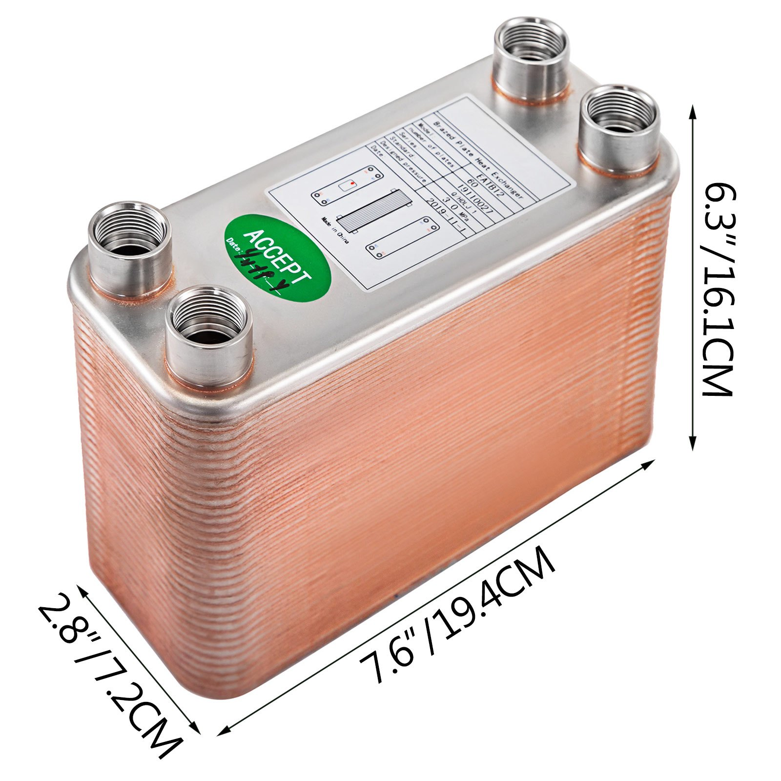VEVOR Intercambiador de Calor 3"x7.5" 60 Placas Placa Soldada Intercambiador de Calor 316L 1/2" BSP - Imagen 7 de 10