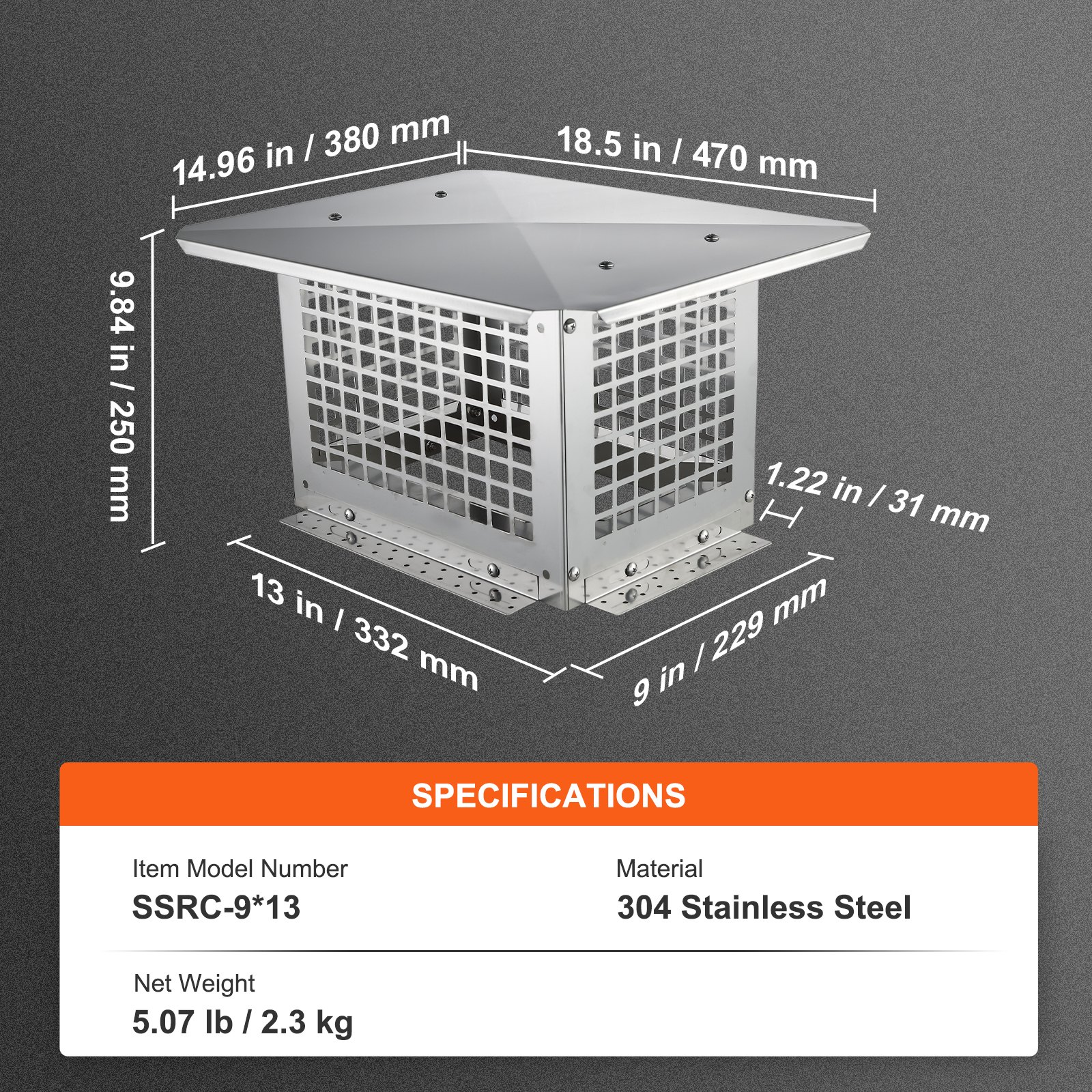 Chimney Cap, 13 x 9 inch, 304 Stainless Steel Fireplace Chimney Cover, Not Easil