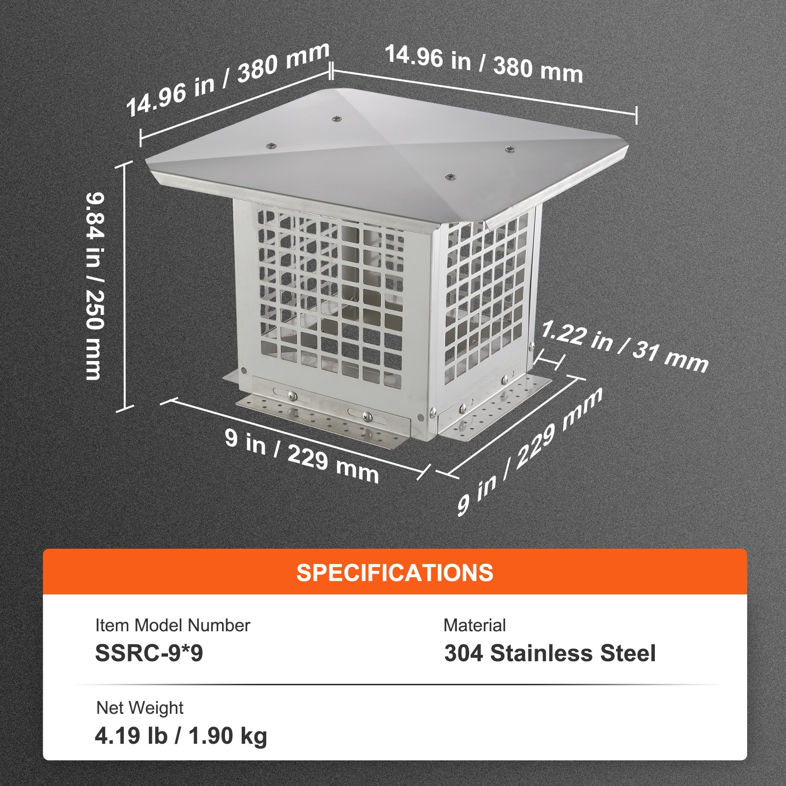 Chimney Cap, 9 x 9 inch, 304 Stainless Steel Fireplace Chimney Cover, Not Easily