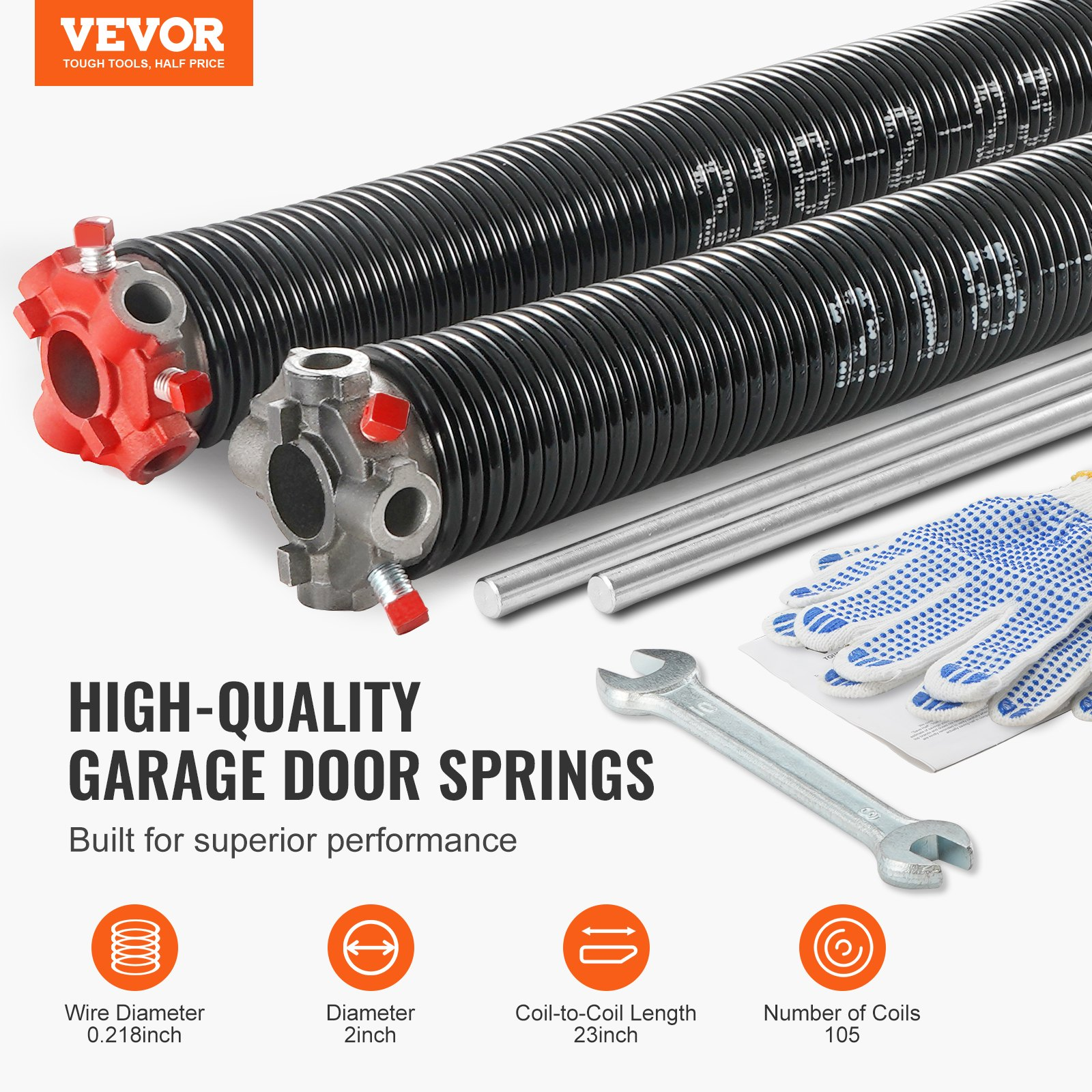 High-Performance Garage Door Torsion Springs - Pair of 0.218 x 2 x 23 inch - Inc