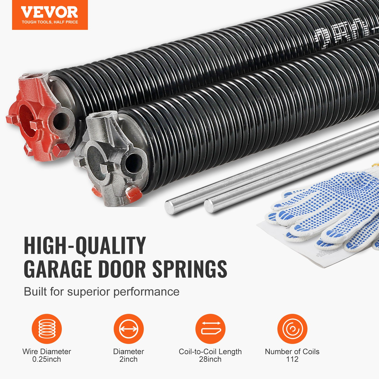 Heavy-Duty Garage Door Torsion Springs Pair - 0.25 x 2 x 28 inch, 16000 Cycles,