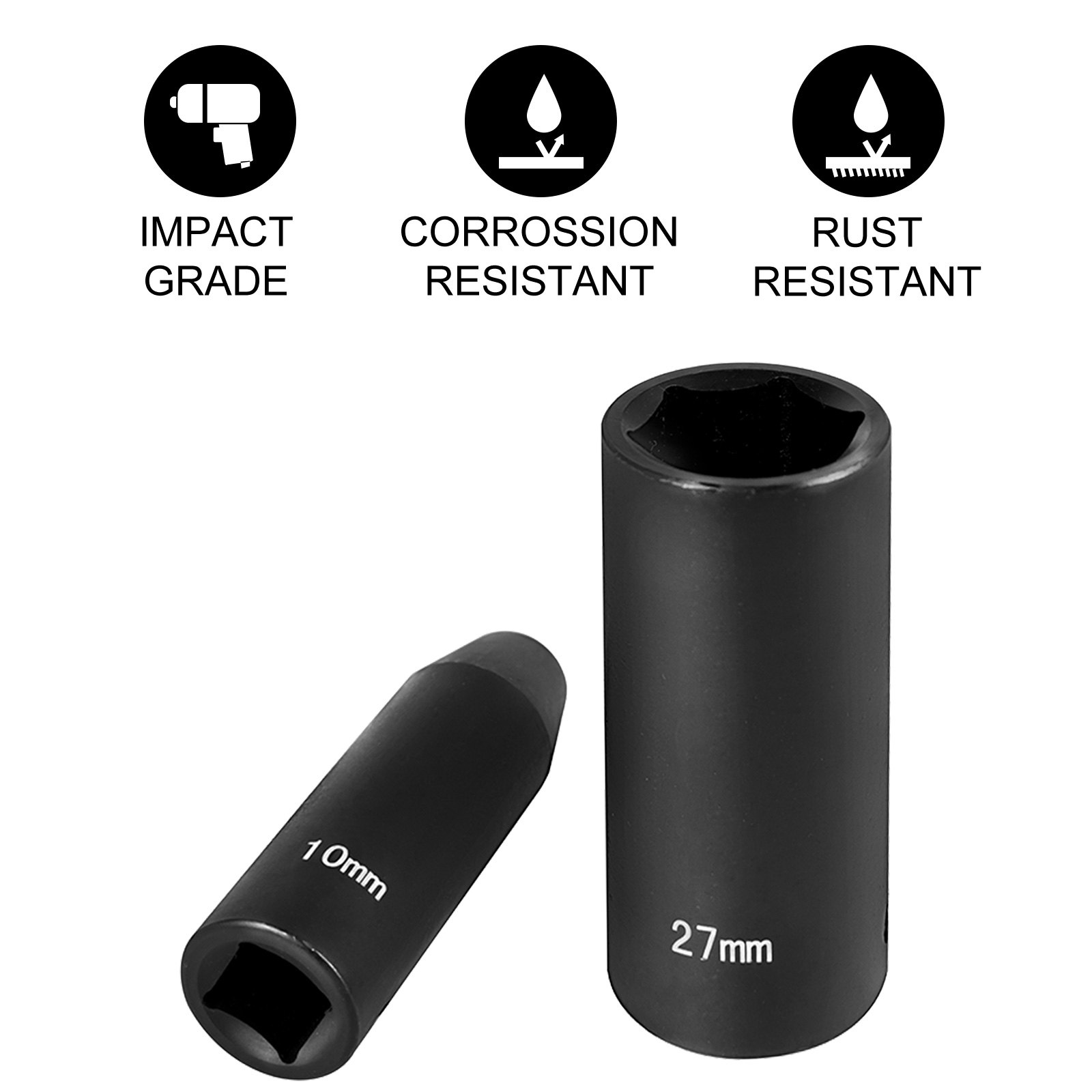 1/2'' Drive Impact Socket Set, 26pc Metric 10-36mm Deep 6-Point Sockets w/ Case - Picture 2 of 10