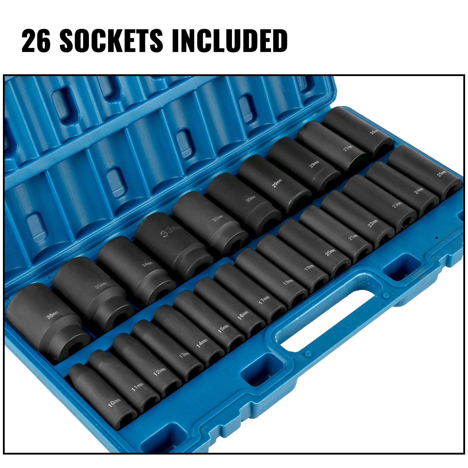 1/2'' Drive Impact Socket Set, 26pc Metric 10-36mm Deep 6-Point Sockets w/ Case - Picture 5 of 10