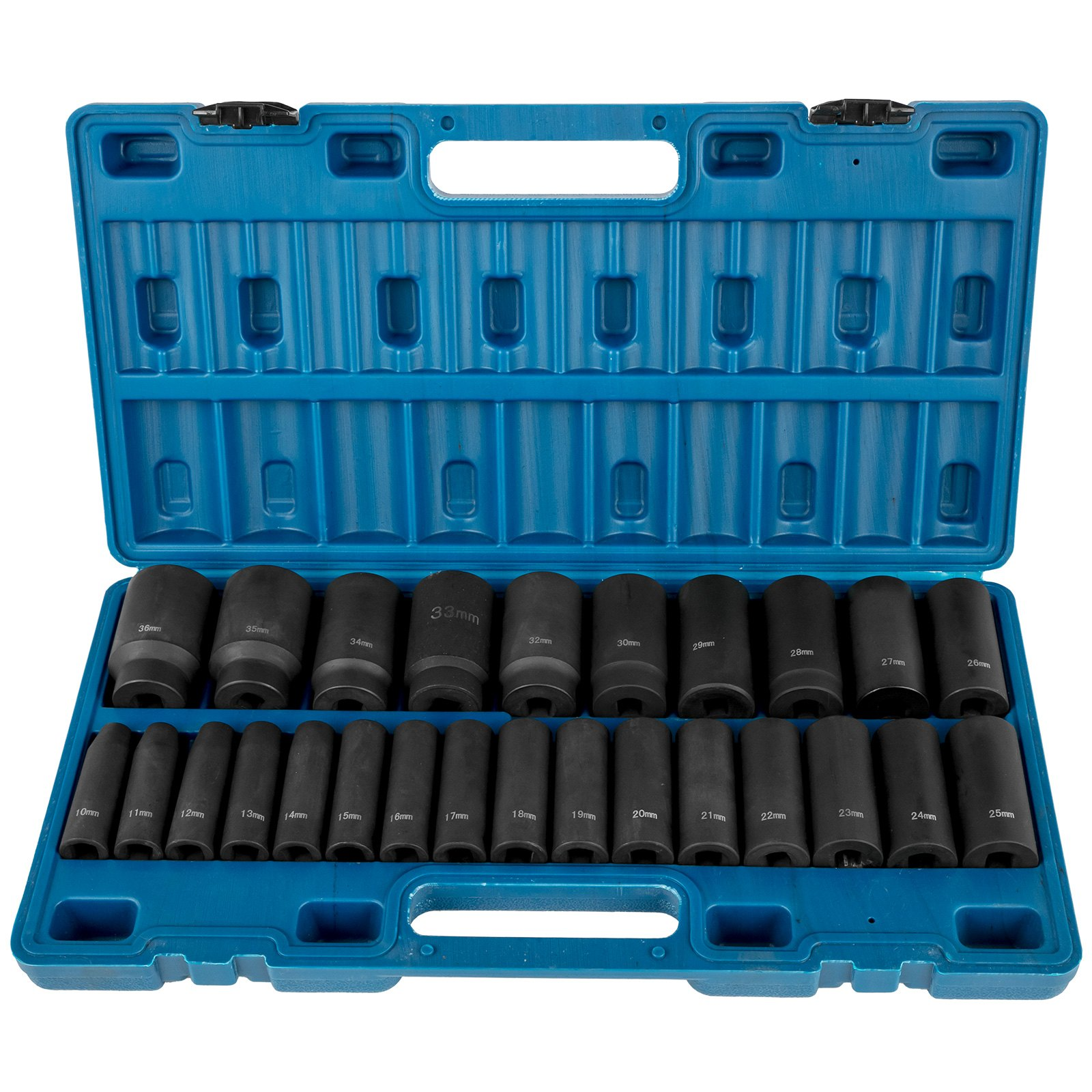 1/2'' Drive Impact Socket Set, 26pc Metric 10-36mm Deep 6-Point Sockets w/ Case - Picture 1 of 10