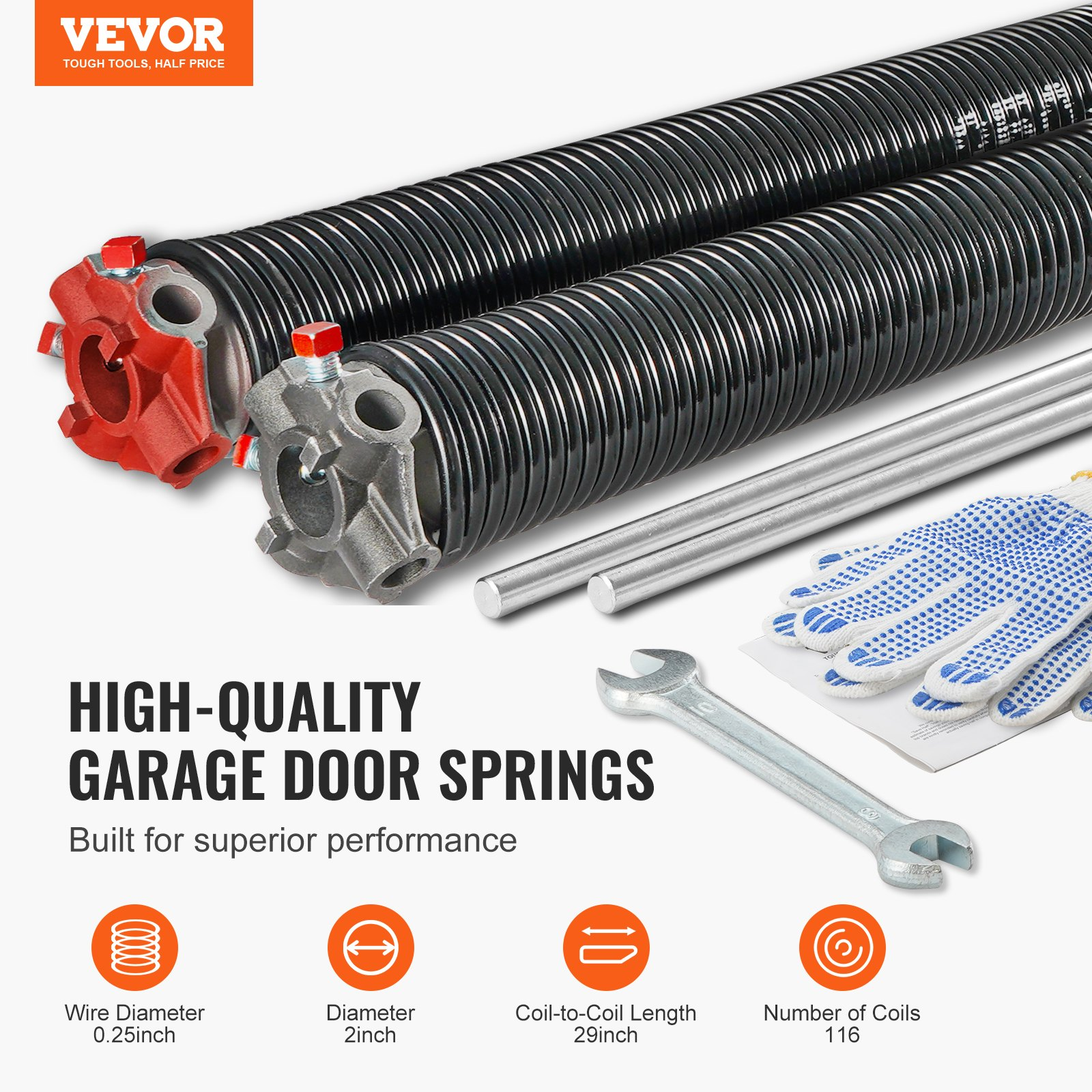 Garage Door Torsion Springs - Pair of 0.25 x 2 x 29 inch, Non-Slip Winding Bars,