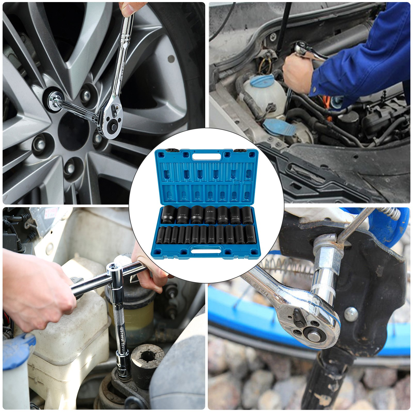 1/2" Impact Socket Set, 19-Piece, Deep 6-Point Cr-V, 3/8" to 1-1/2" with Case - Bild 7 von 10