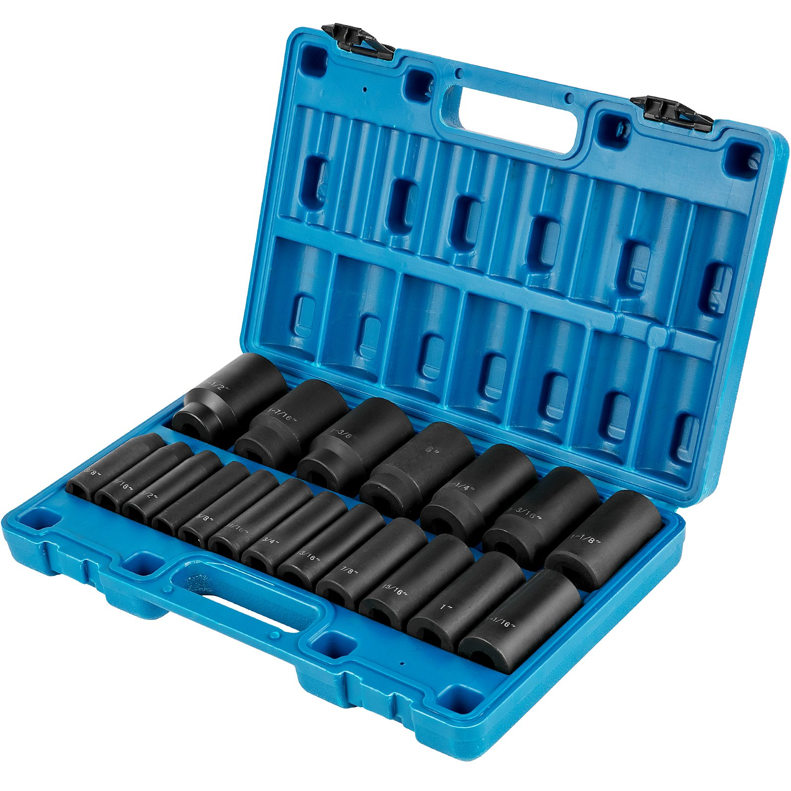 1/2" Impact Socket Set, 19-Piece, Deep 6-Point Cr-V, 3/8" to 1-1/2" with Case