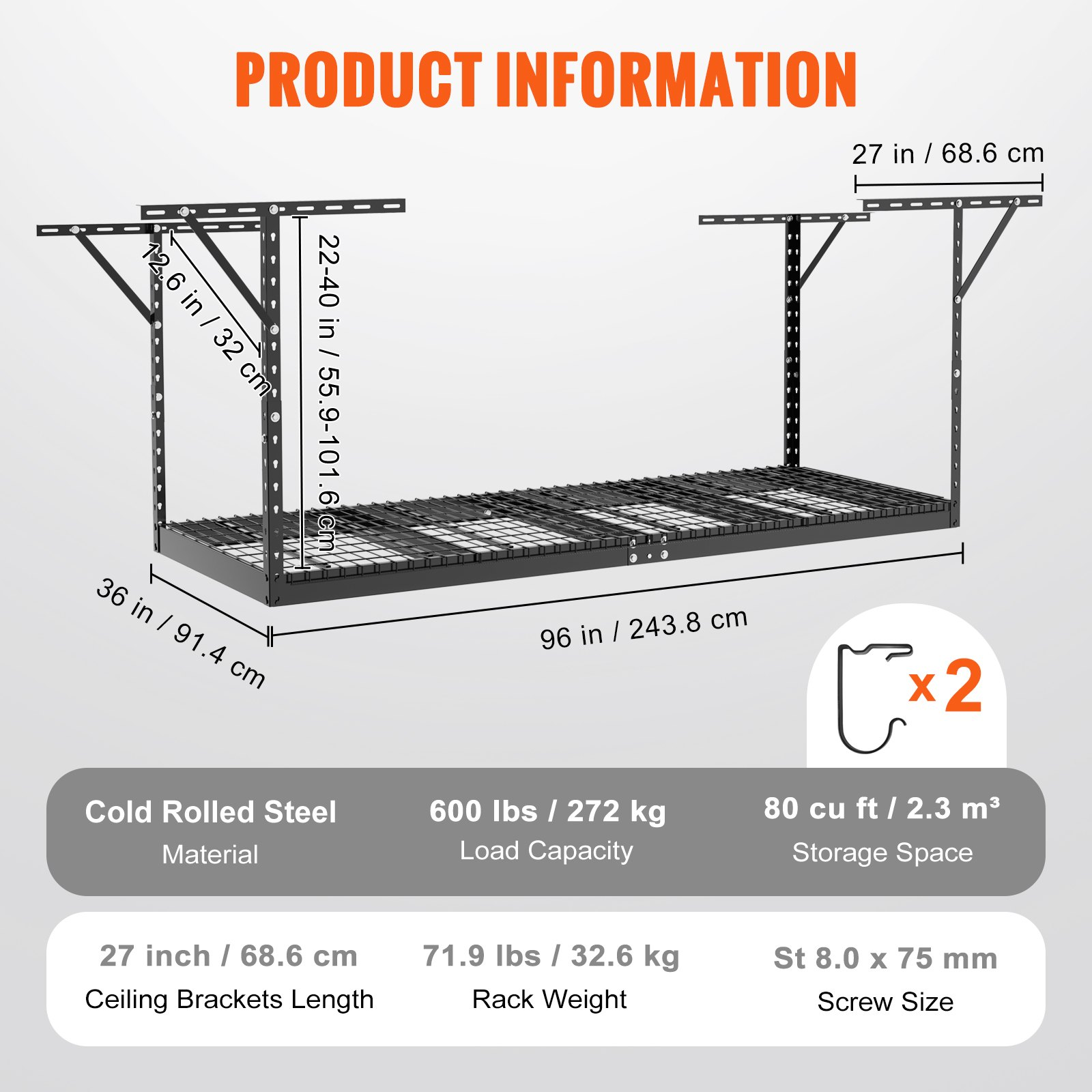 Overhead Garage Storage Rack, 3x8 Garage Ceiling Storage Racks, 22''-40"(Black)