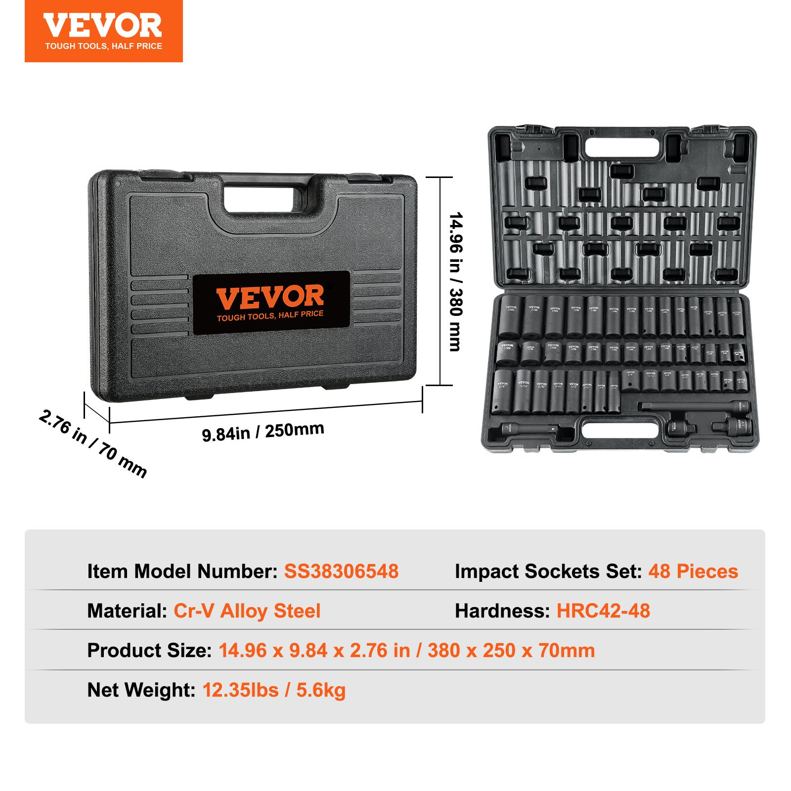 3/8" Drive Impact Socket Set 48pc SAE/Metric 6pt Cr-V w/ Case Adapter Bar - Picture 6 of 10