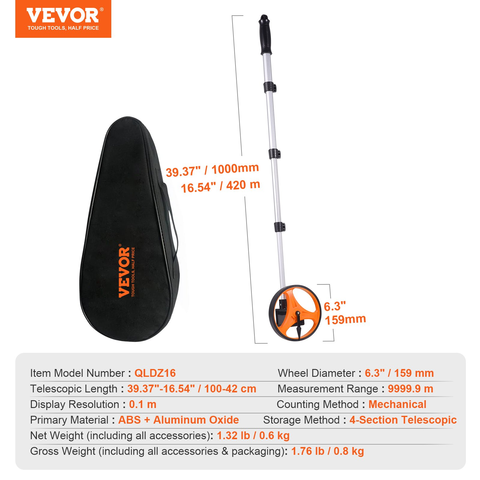 6.3" Measuring Wheel, 0-9,999m, Telescoping, w/ Back Bag, for Lawn/Road Use - Picture 6 of 10