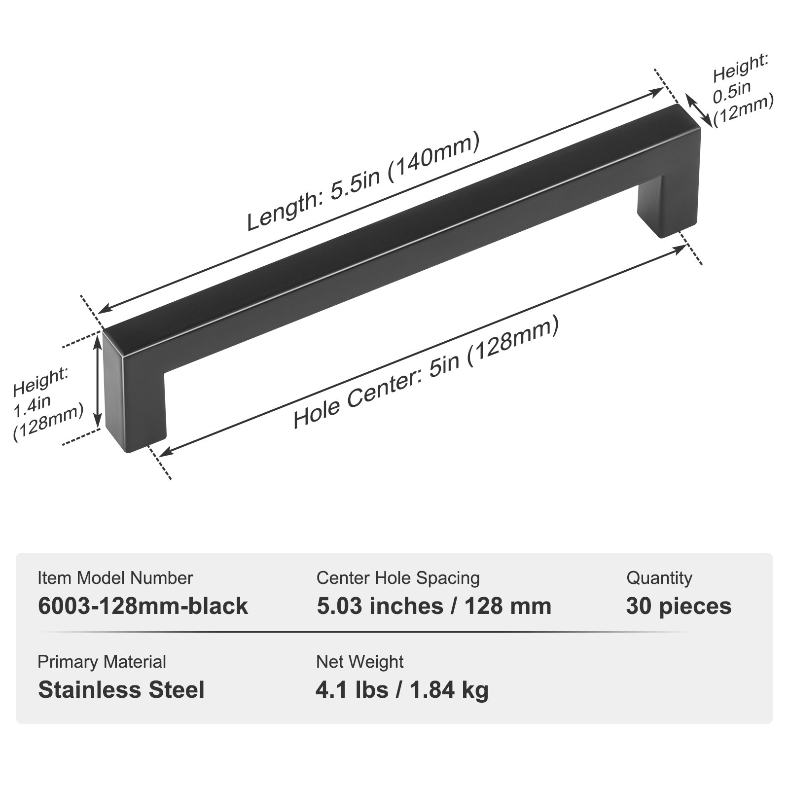 30 Pack Cabinet Pulls, 5.03in / 128mm Center to Center Slim Square Kitchen Cabi