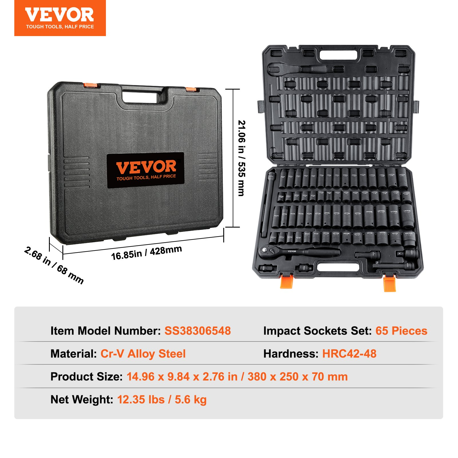 1/2" Drive Impact Socket Set - 65 Piece Socket Set SAE 3/8" to 1-1/4" and Metric - Picture 7 of 10