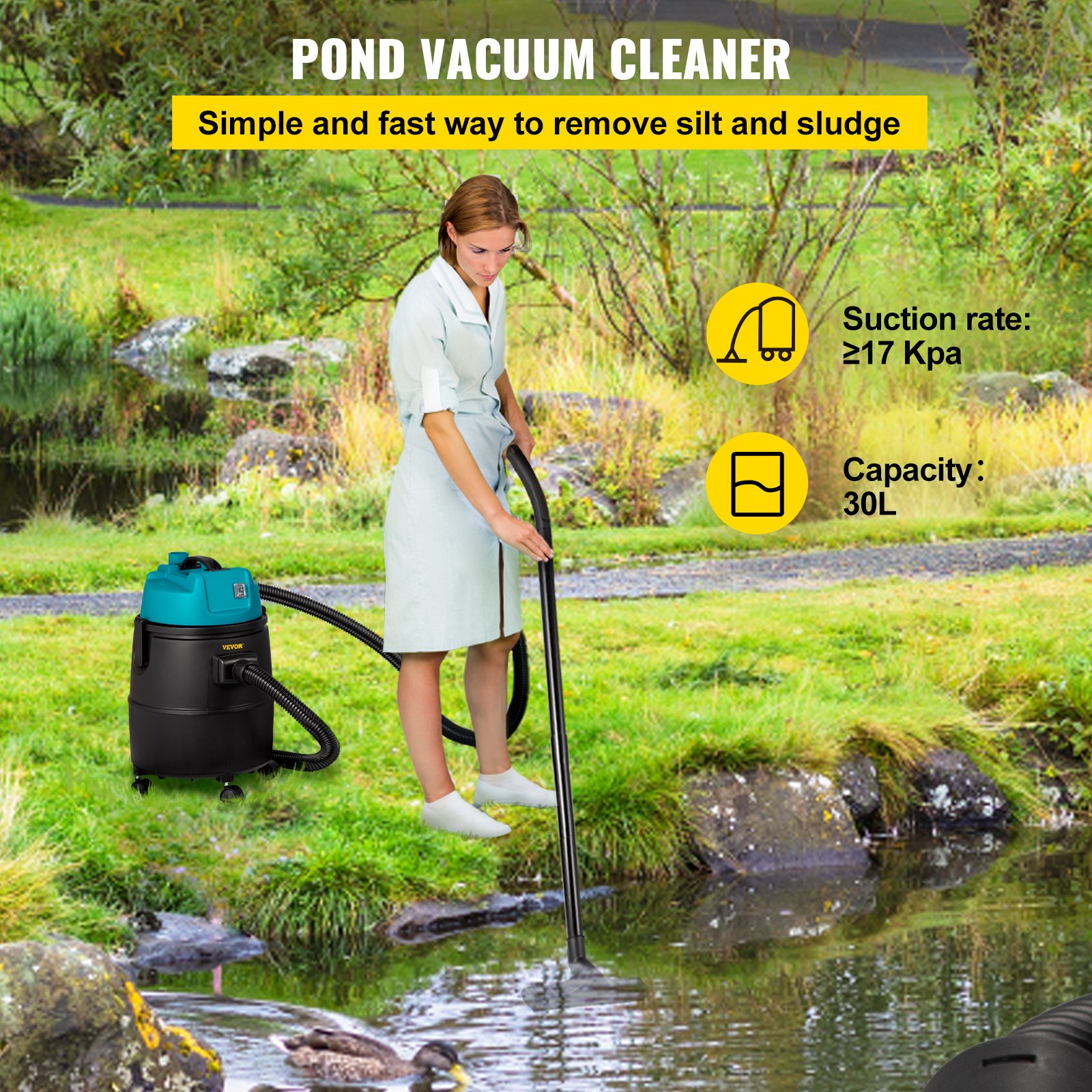 Pond Vacuum Cleaner 1400W Motor Single Chamber Suction System 15ft Electric Wire