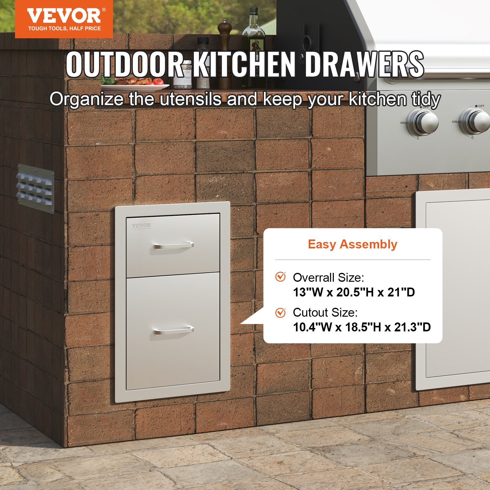 Outdoor Kitchen Drawers, 13"x20.4"x20.8" Stainless Steel, Flush Mount Double BBQ