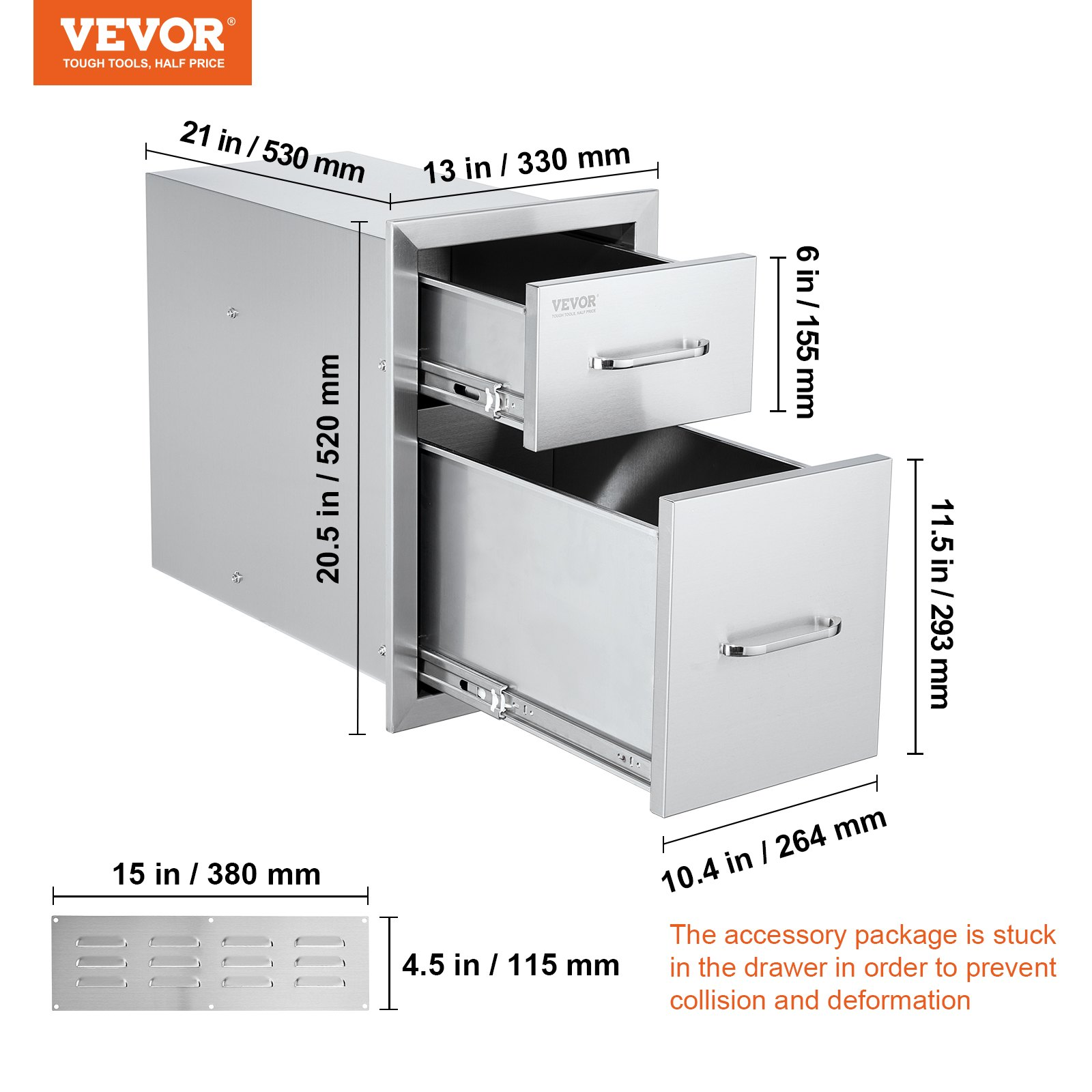 Outdoor Kitchen Drawers, 13"x20.4"x20.8" Stainless Steel, Flush Mount Double BBQ