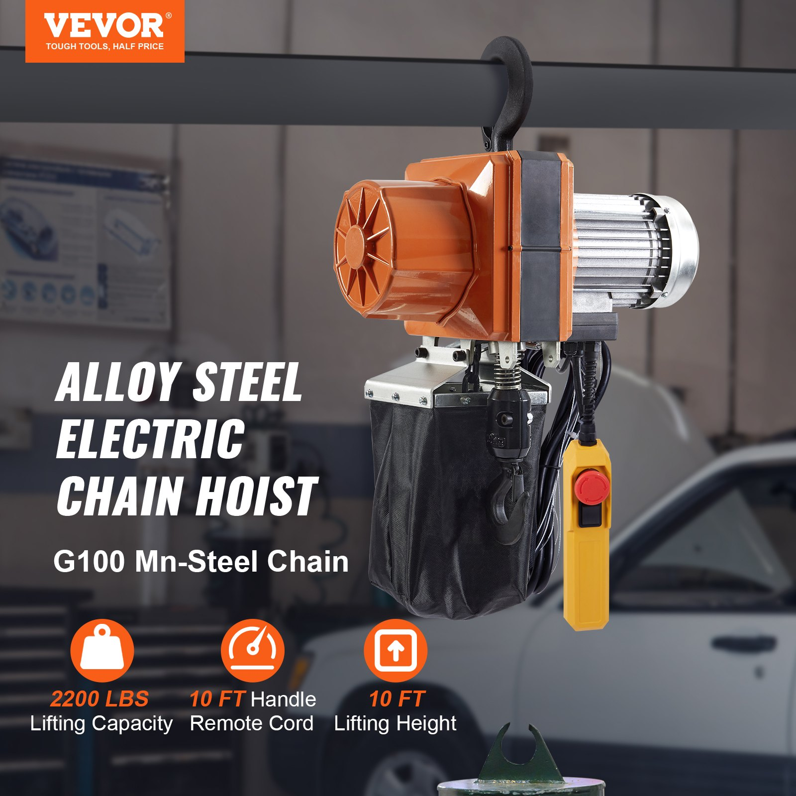 1 Ton Electric Chain Hoist 2200LB 120V 10FT Lift w/ Wired Remote G100 Chain