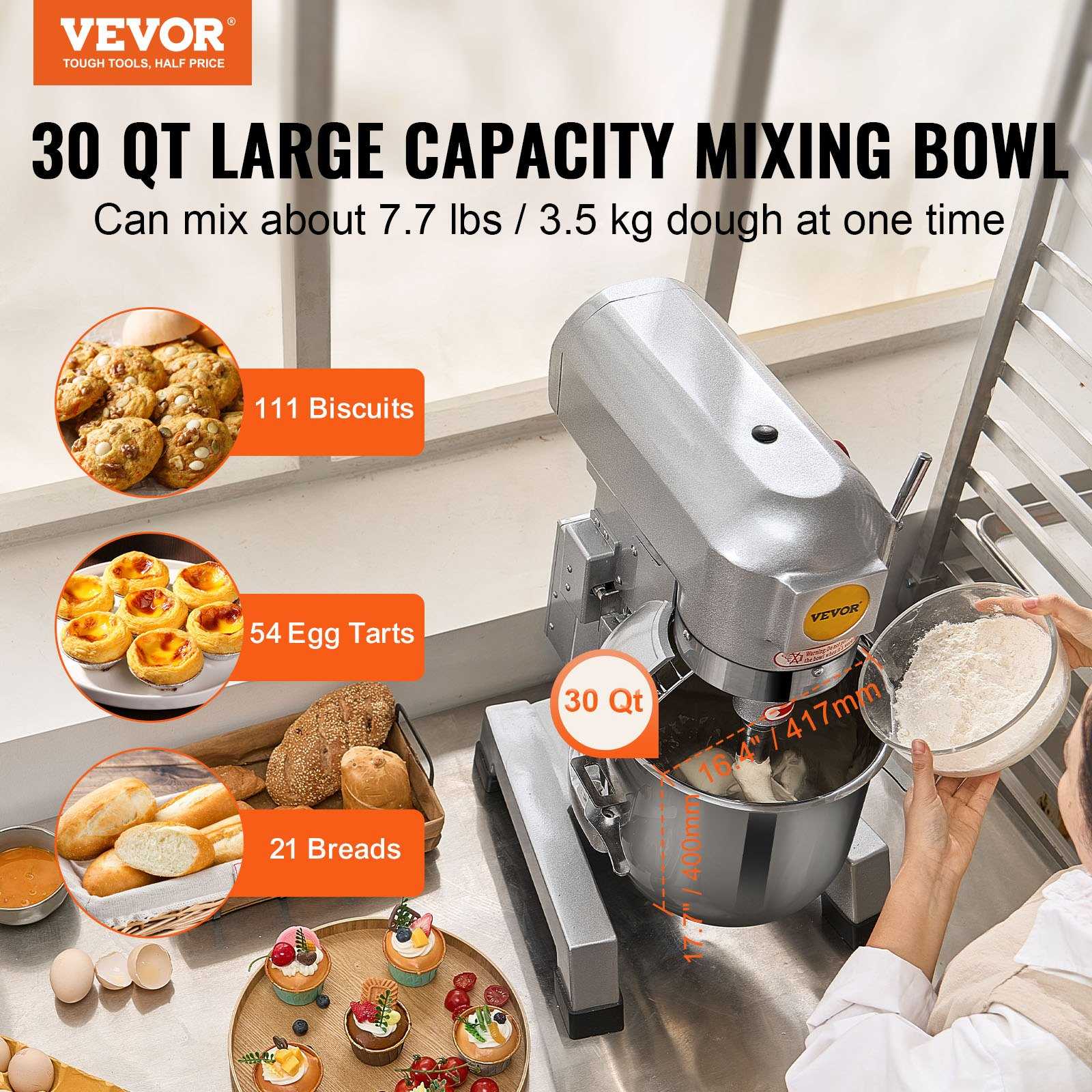 Commercial Food Mixer 30Qt 1100W Electric Mixer 3-Speed Dough Hook Whisk