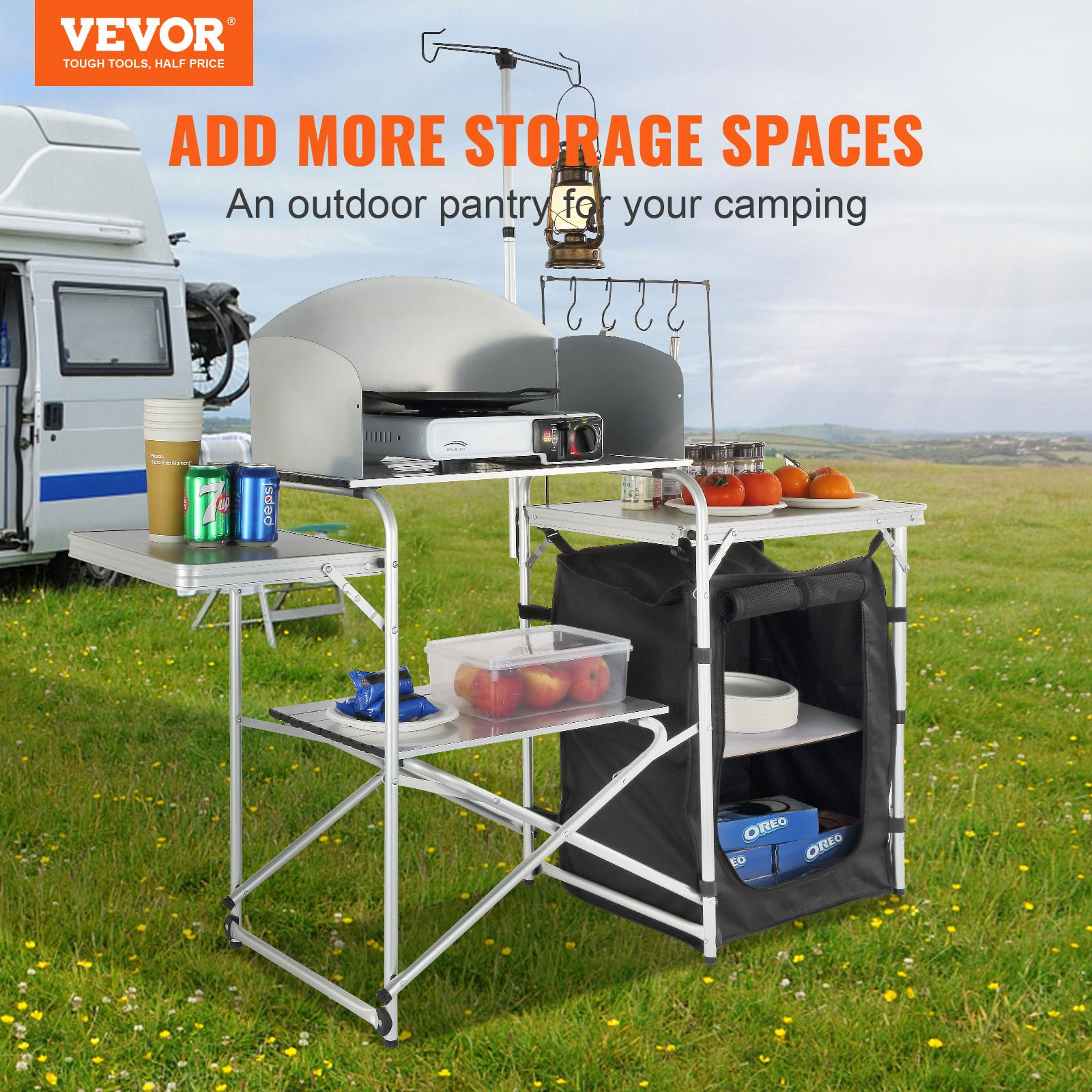 VEVOR Camping Kitchen Table, Folding Outdoor Cooking Table with Storage Carrying