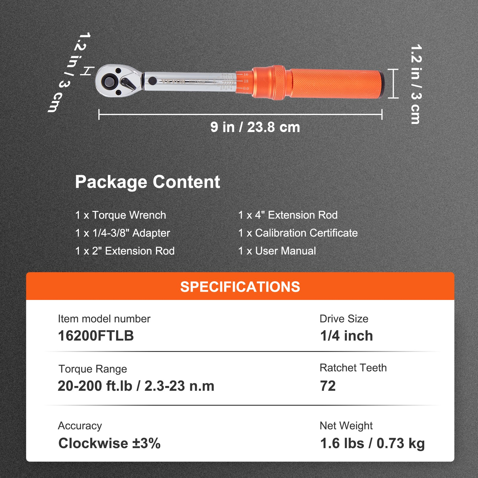 Drehmomentschlüssel, 1/4 Zoll Antrieb Click Drehmomentschlüssel 20-200 Zoll Pfund/3-23 Nm, Dual-Dir - Bild 6 von 10