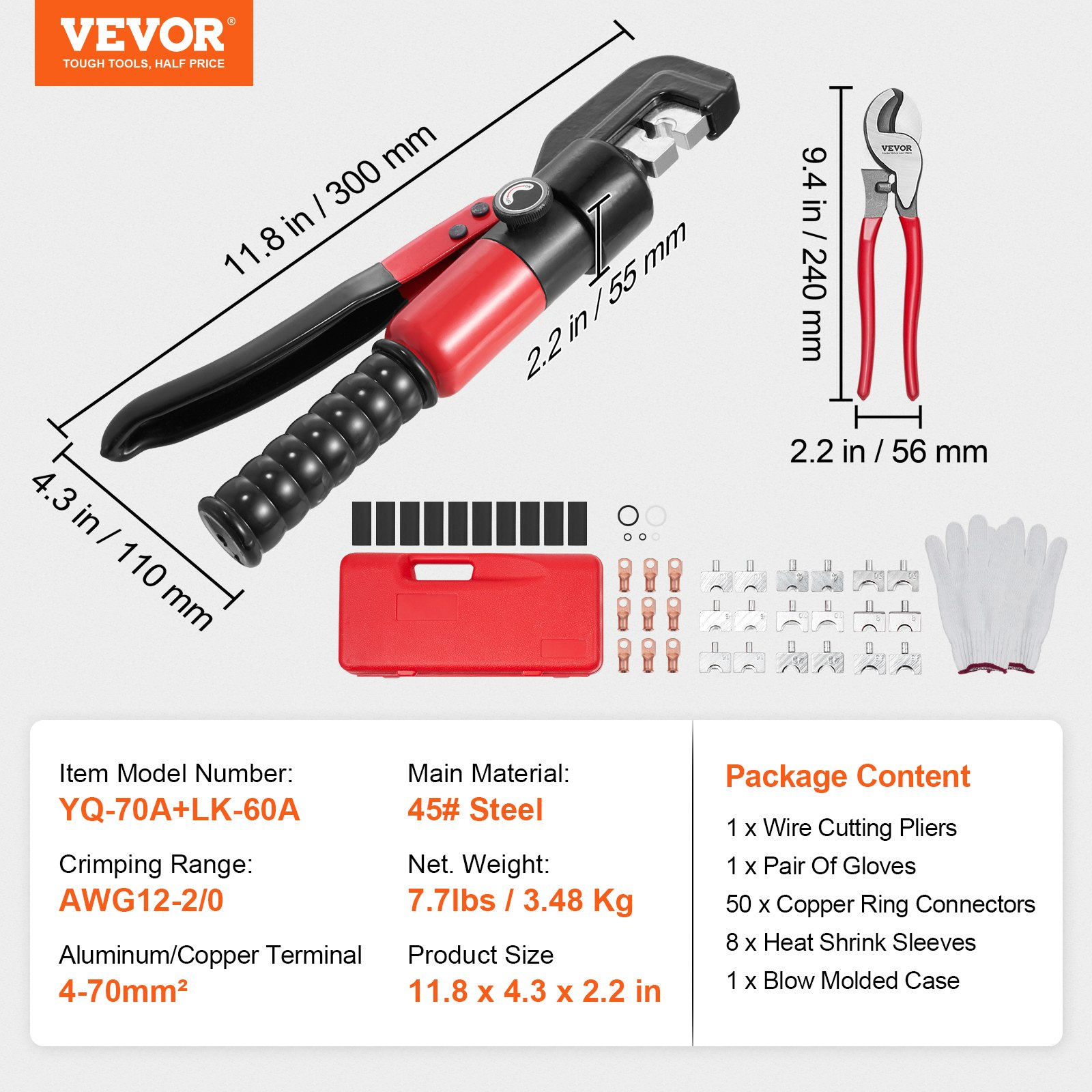Hydraulic Crimping Tool with 9 Sets of Dies - AWG12-2/0 Copper And Aluminum Term - Picture 7 of 12