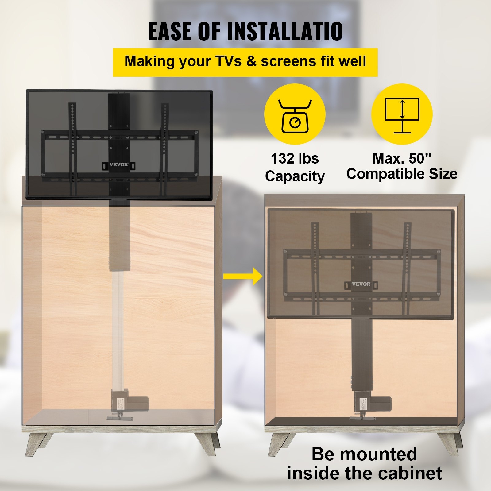 Motorized TV Lift Stroke Length 28 Inches - Height Adjustable 38-65 Inch