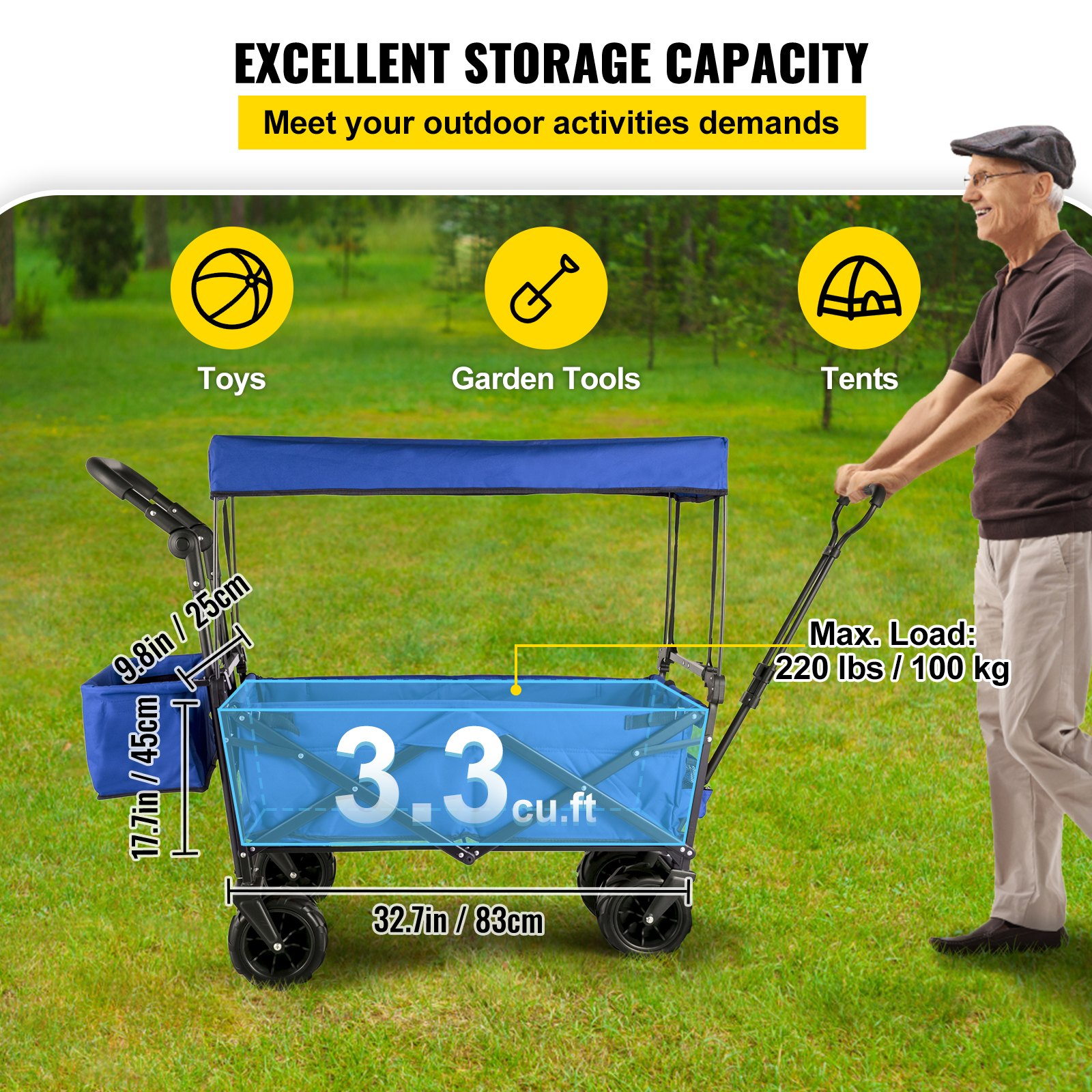 Extra Large Collapsible Garden Cart with Removable Canopy, Folding, Blue