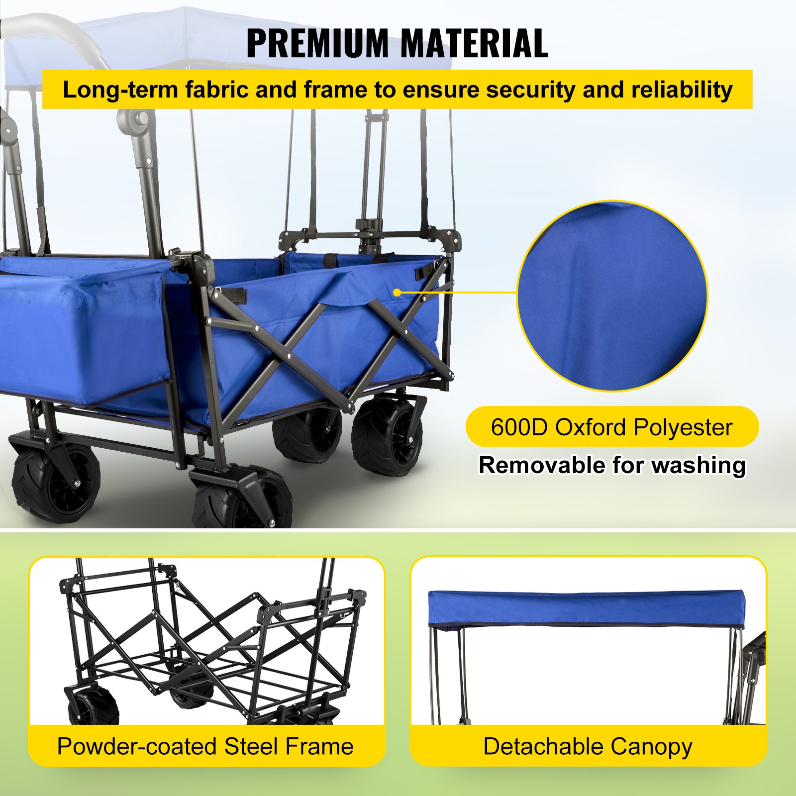 Extra Large Collapsible Garden Cart with Removable Canopy, Folding, Blue