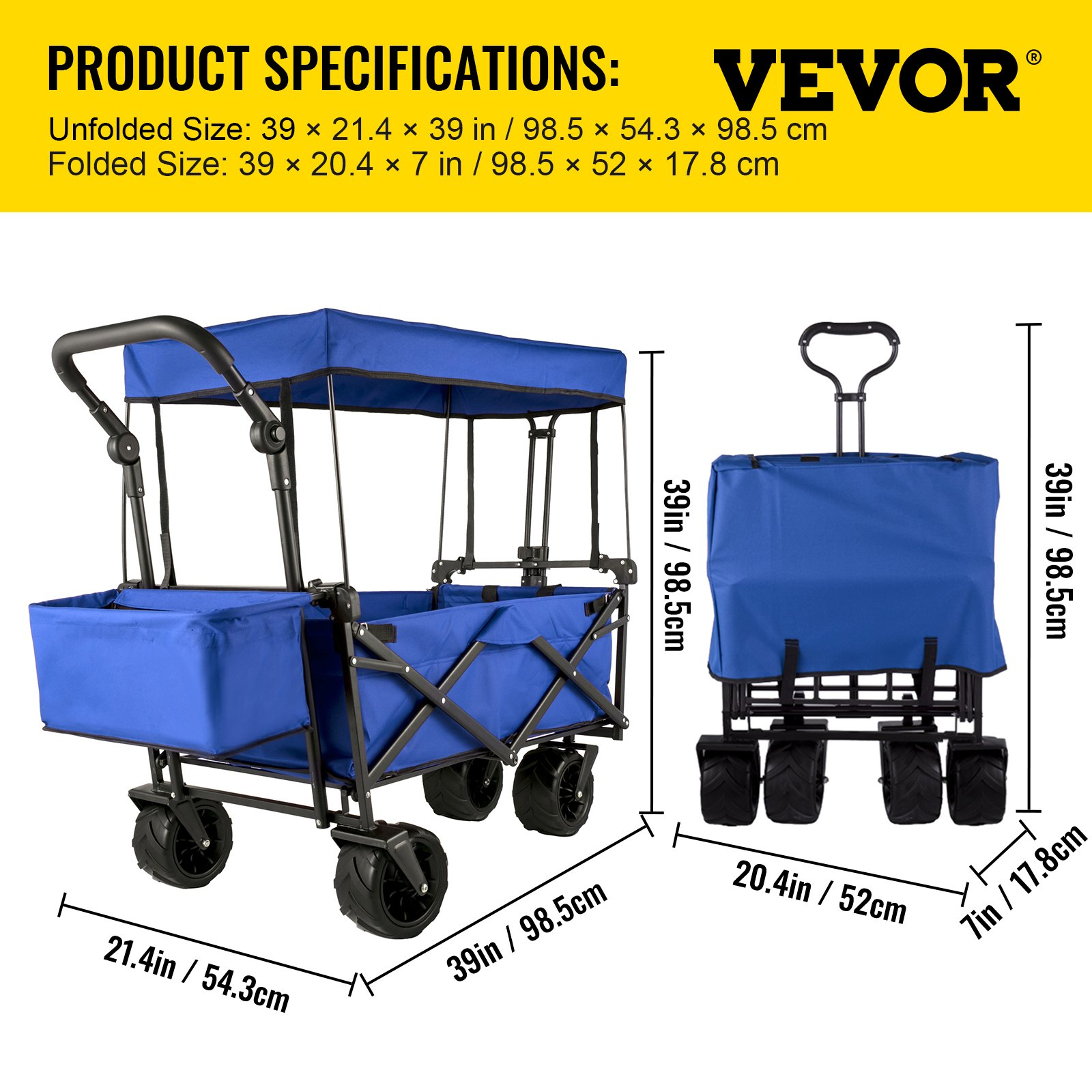 Extra Large Collapsible Garden Cart with Removable Canopy, Folding, Blue