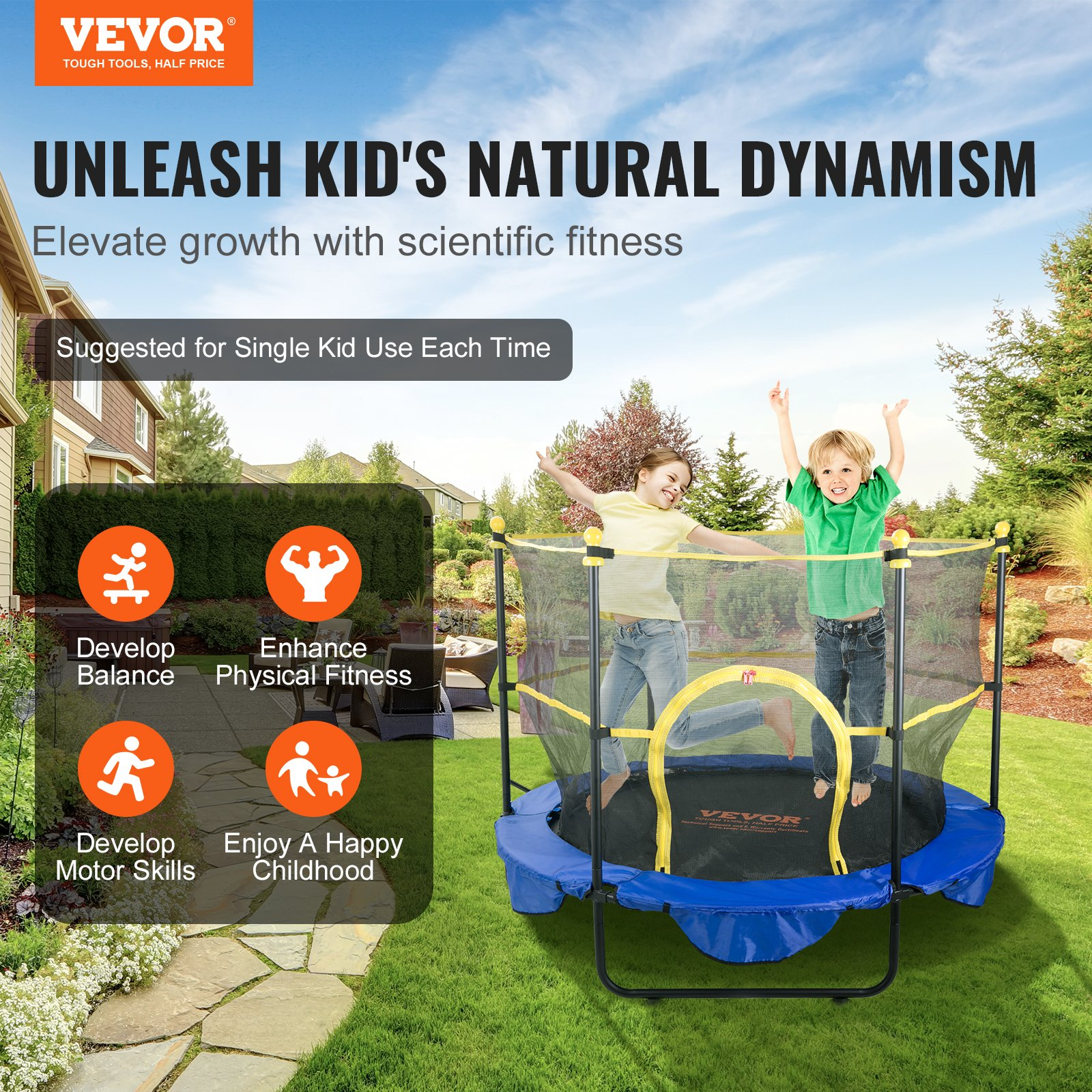 5FT Trampoline for Kids, w/ Safety Net, Basketball Hoop, Ocean Balls, Ages 3+