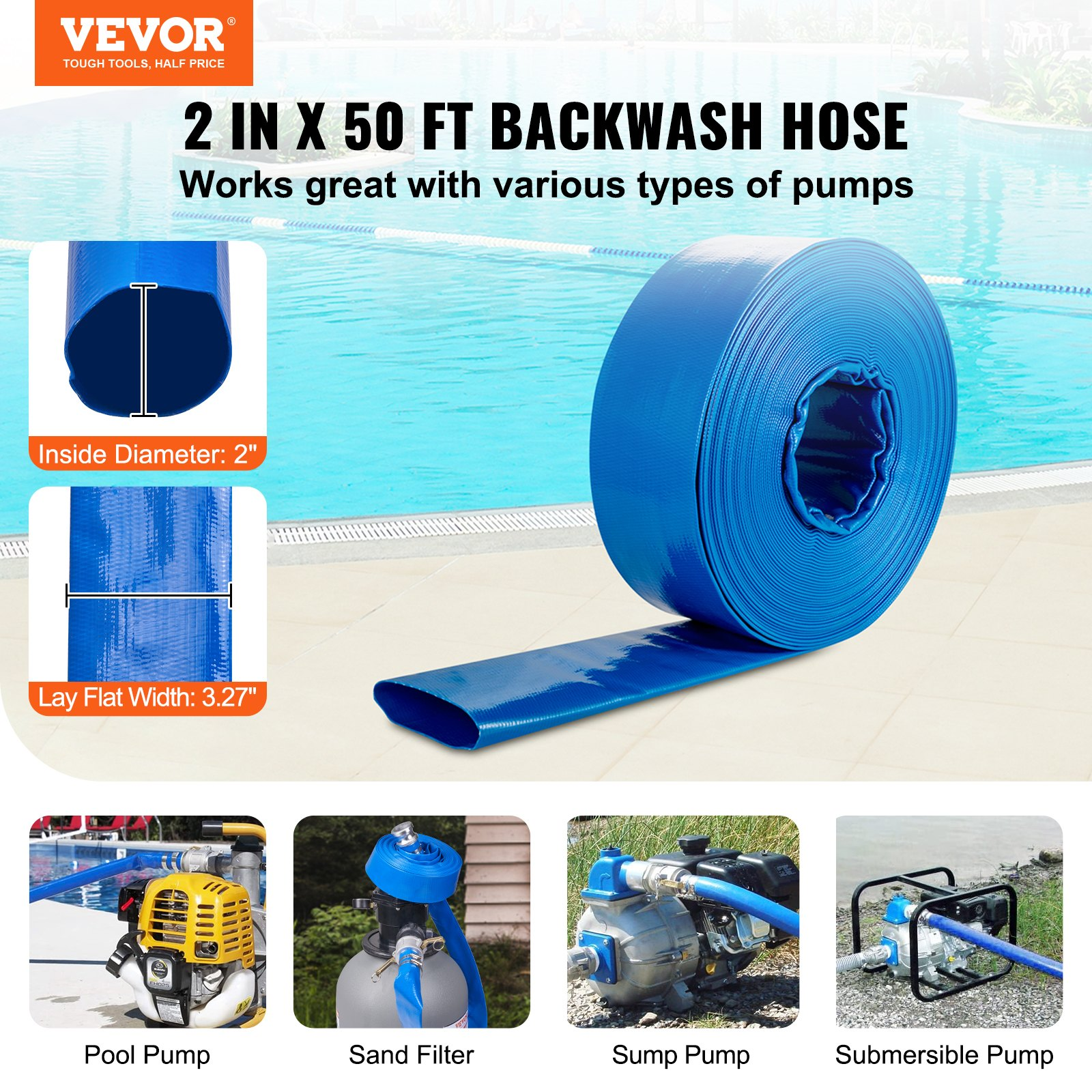 Pool Drain Hose, 2 inch by 50 ft, Durable PVC Material, Blue