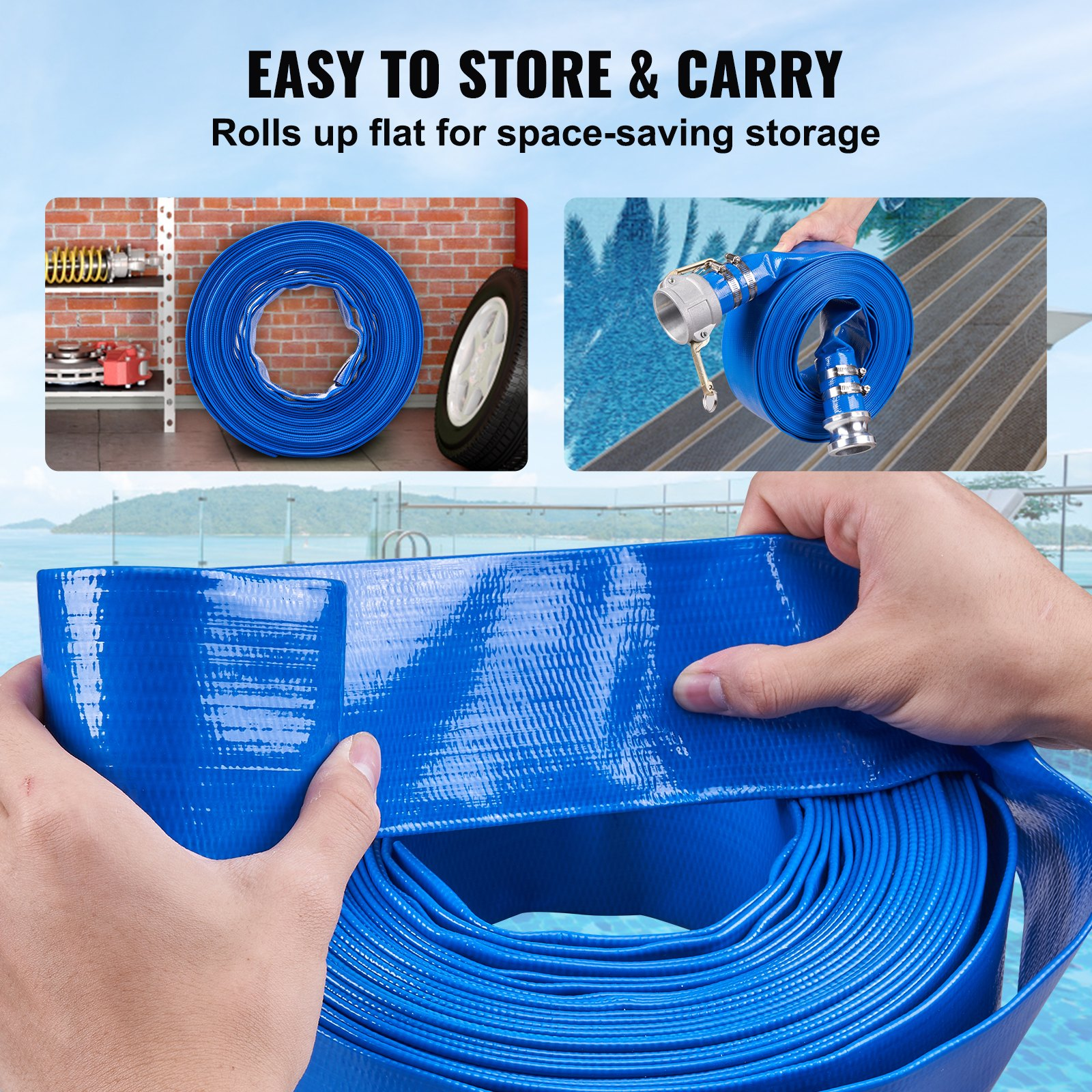 Pool Drain Hose, 2 inch by 50 ft, Durable PVC Material, Blue