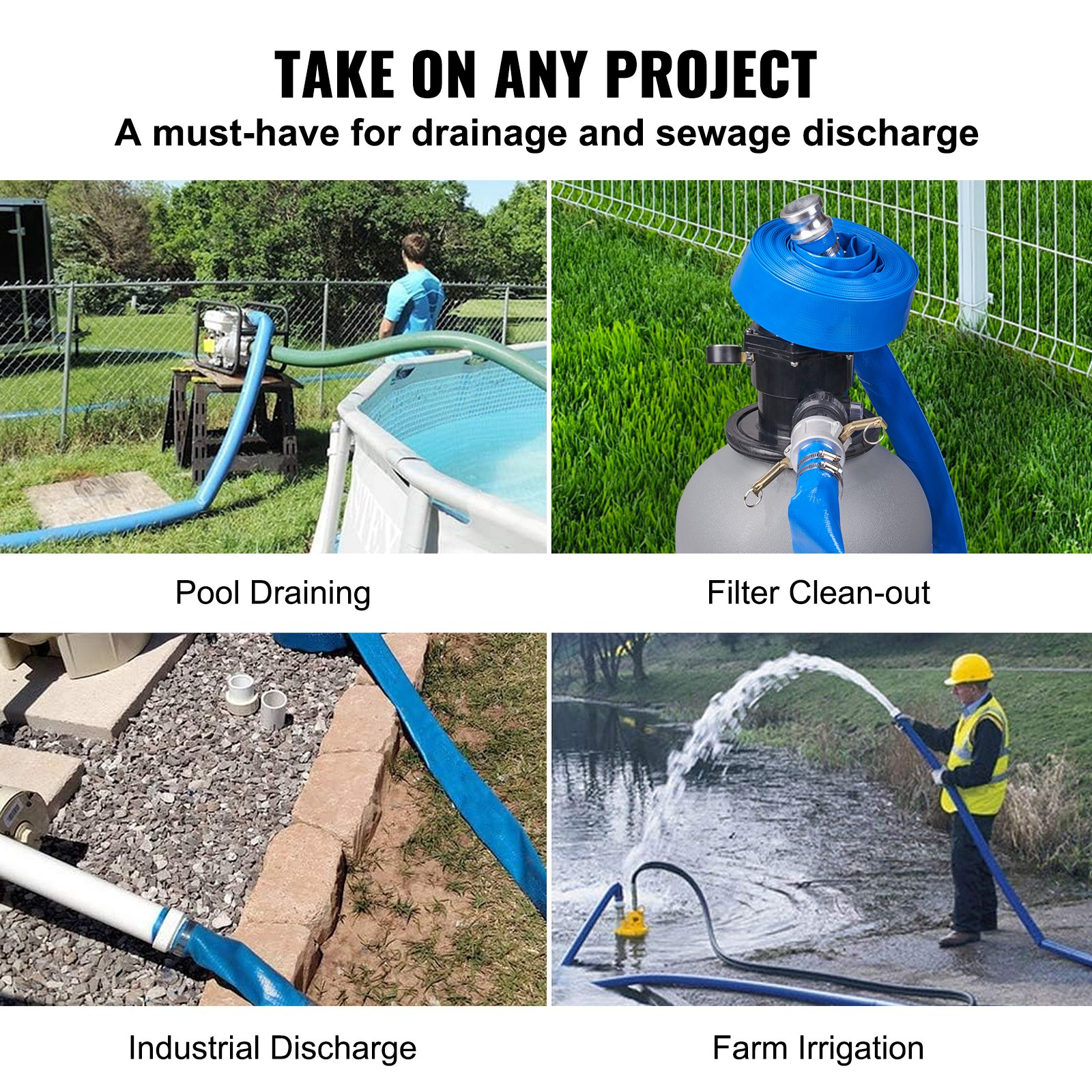 Pool Drain Hose, 2 inch by 50 ft, Durable PVC Material, Blue