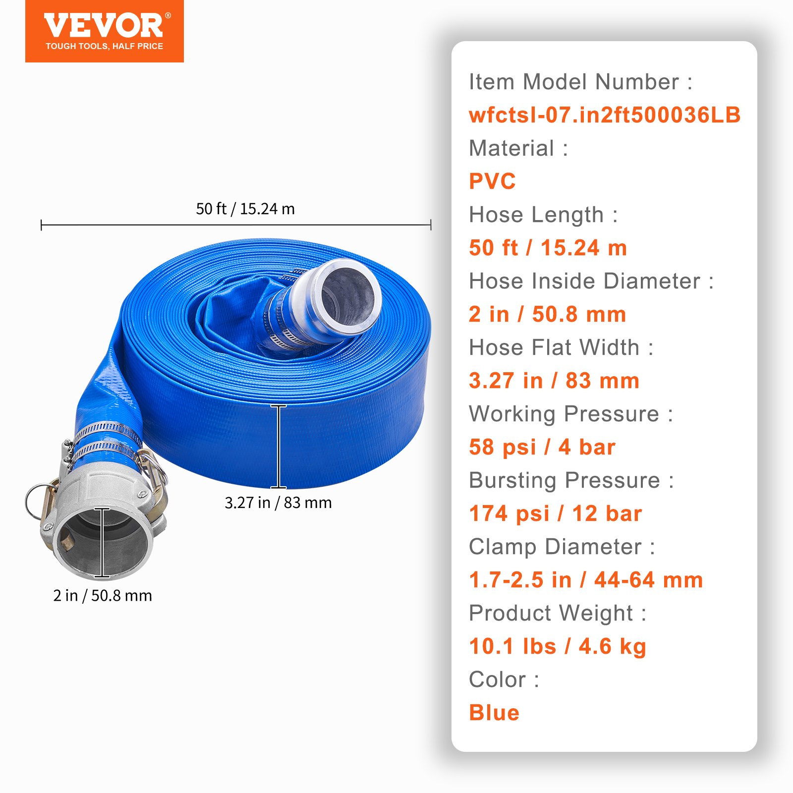 Pool Drain Hose, 2 inch by 50 ft, Durable PVC Material, Blue