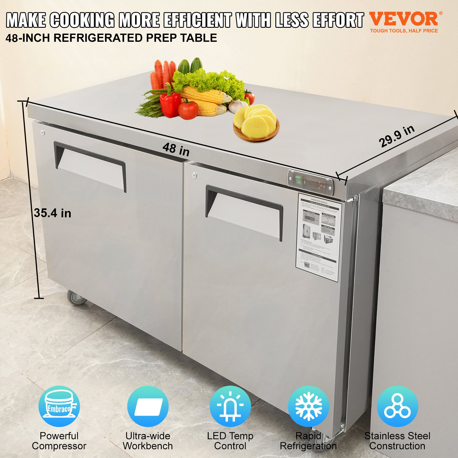 48″ Commercial Worktop Undercounter Refrigerator 2 Door Stainless Steel