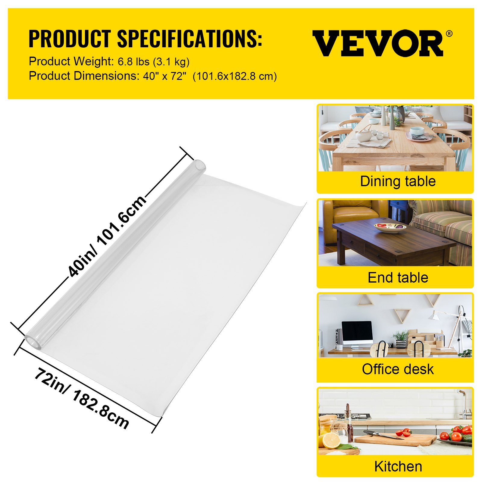 Plastic Table Cover 40 x 72 Inch, 1.5 mm Thick Clear Table Protector, Rectangle