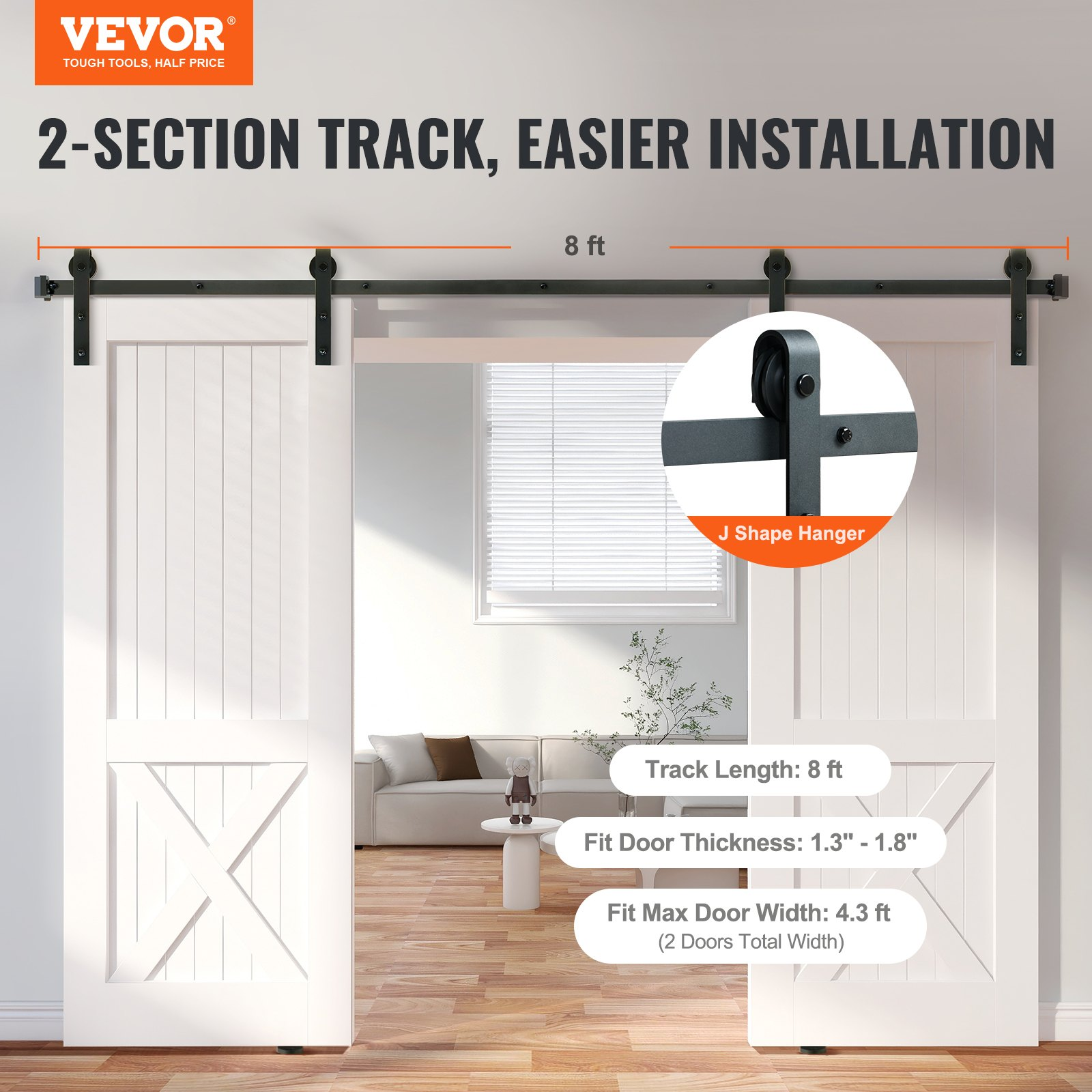 VEVOR 8FT Sliding Barn Door Hardware Kit, 330LBS Heavy Duty Barn Door Track Kit