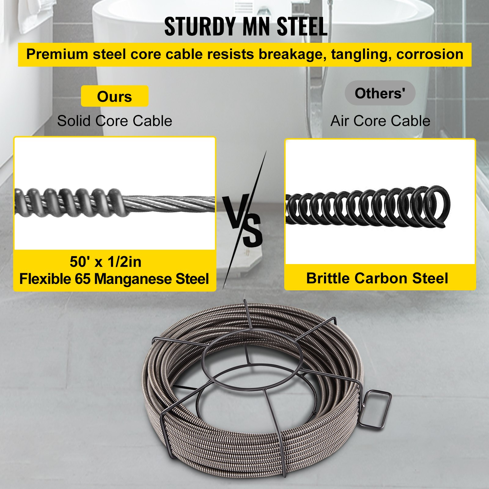 50ft x 1/2" Drain Cleaning Cable, Solid Core Sewer Auger Snake for Pipe Clogs