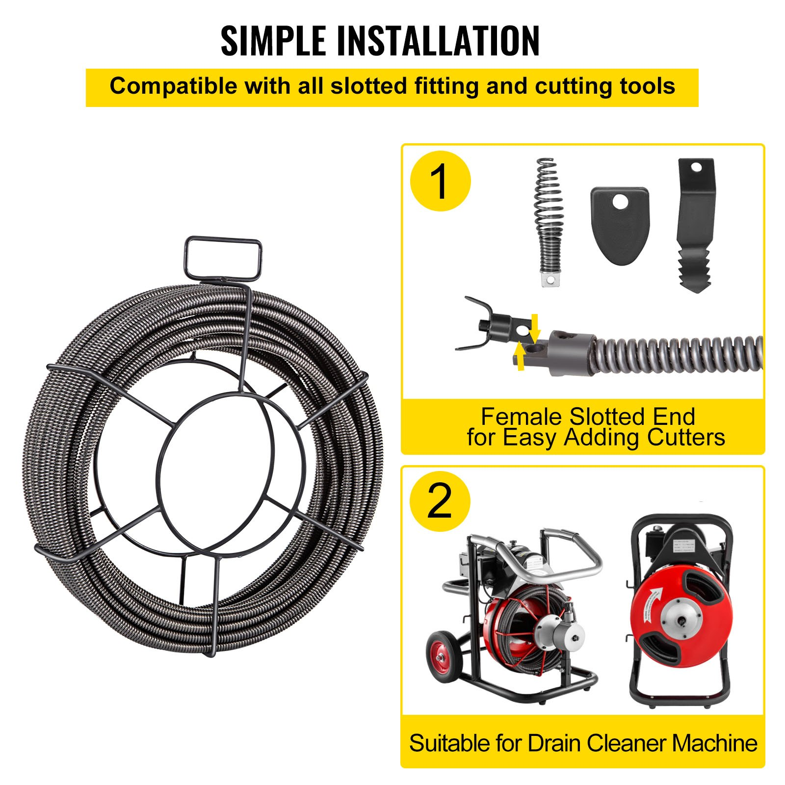 50ft x 1/2" Drain Cleaning Cable, Solid Core Sewer Auger Snake for Pipe Clogs