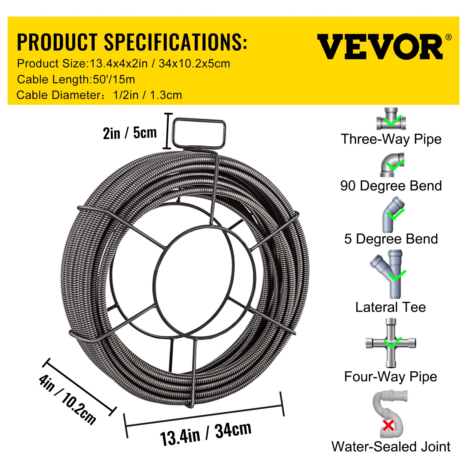 50ft x 1/2" Drain Cleaning Cable, Solid Core Sewer Auger Snake for Pipe Clogs