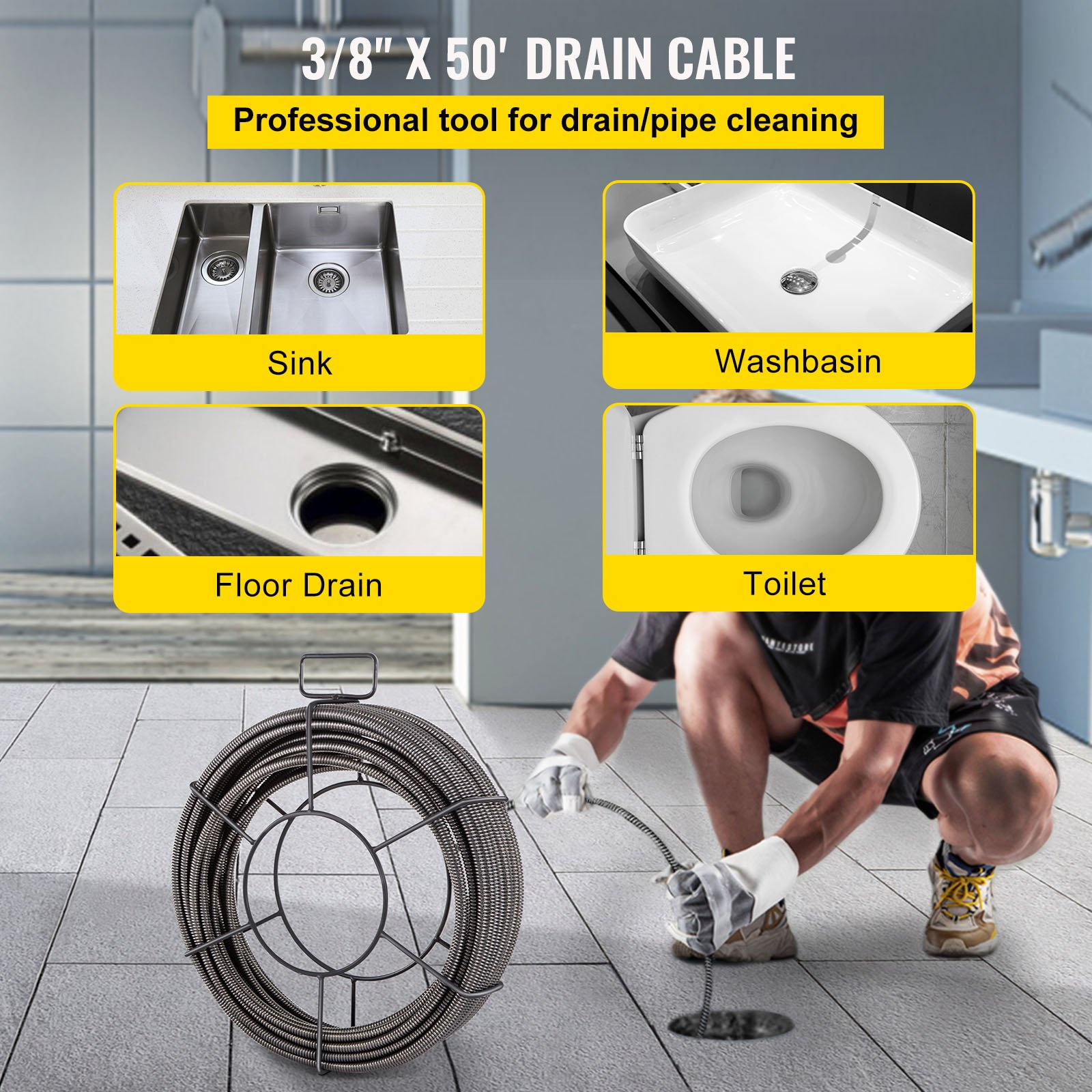 Drain Cleaning Cable 50 Feet x 3/8 Inch Solid Core Cable Sewer Cable Drain Auger